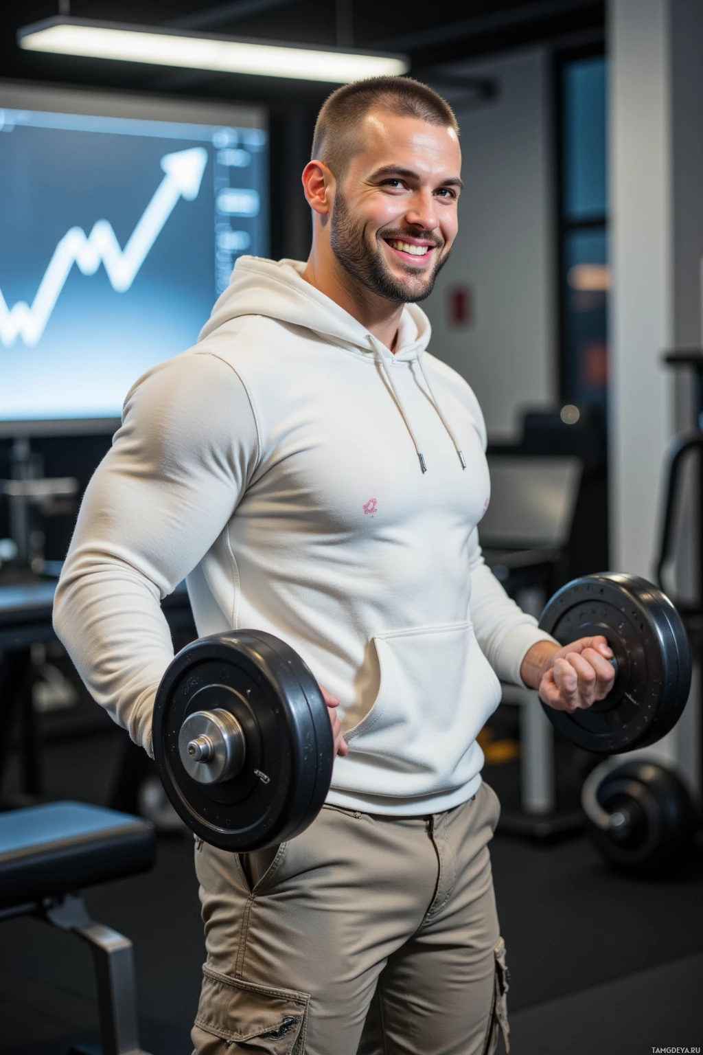 Realistic high quality photo. White male, 32, buzz cut brown hair, muscular build, wearing a fitted white hoodie and utilitarian cargo pants, fiercely lifting a heavy dumbbell in a bright indoor gym at midday, grinning confidently, with a laptop screen displaying a perfect upward curve graph in the background.
