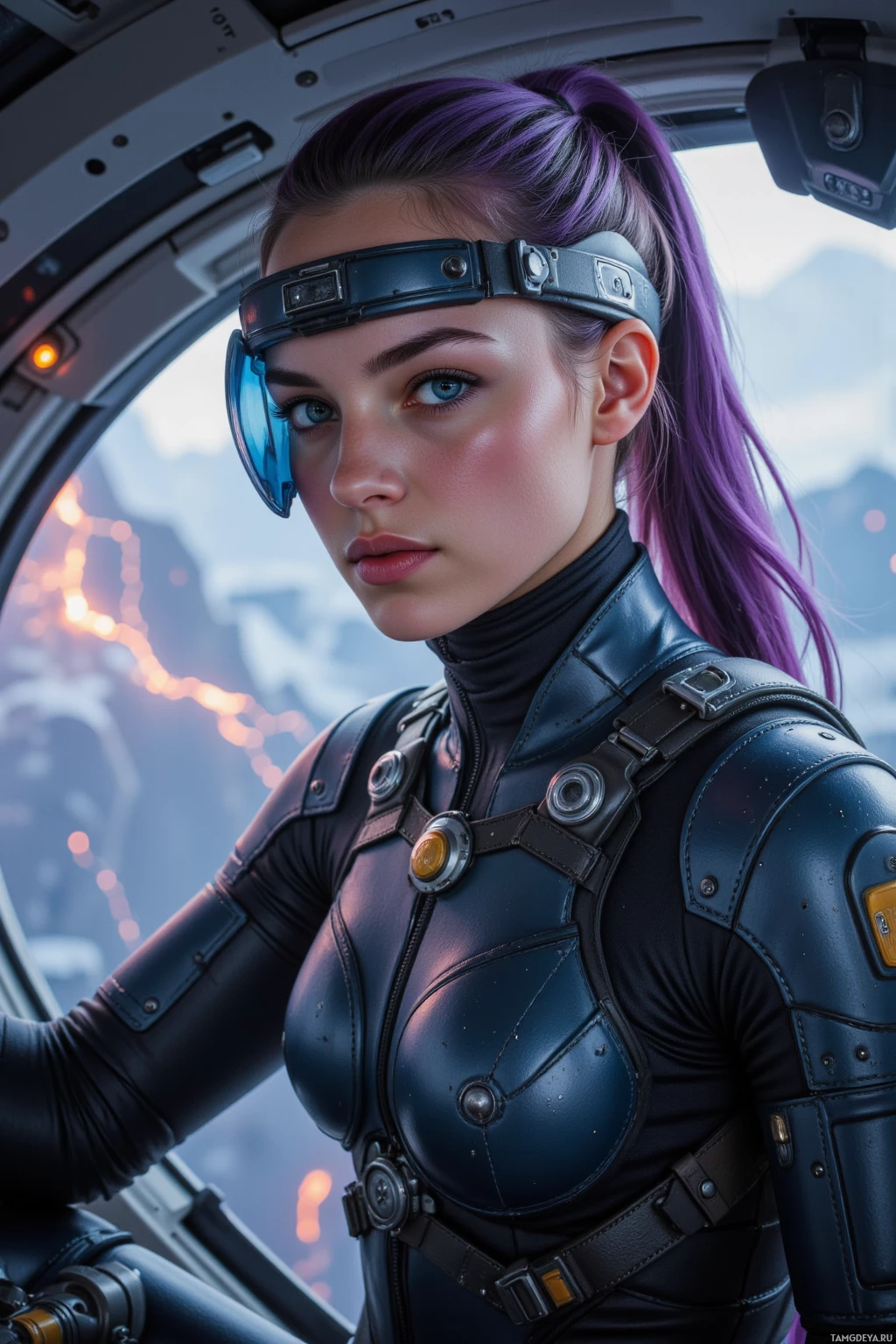 Realistic high quality photo. Tall, athletic 28‑year‑old female space pilot with a striking purple ponytail, one sharp blue eye, sleek visor partially covering the other, wearing a dark‑gray flight suit with padded segments and metallic clasps, utility belt, shoulder‑mounted comms, confidently gripping the cockpit controls of a starship as ion storms crackle around her in the Orion sector, refusing to deviate from the planned path.