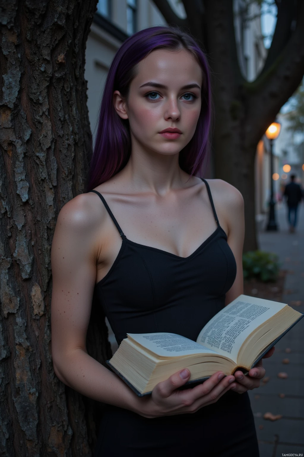Realistic high quality photo. A dark‑violet‑haired woman in a fitted black dress, porcelain skin, deep blue eyes, standing beside an old oak tree with an open book at midnight, lamplight flickering, distant footsteps echoing in a quiet city alley.