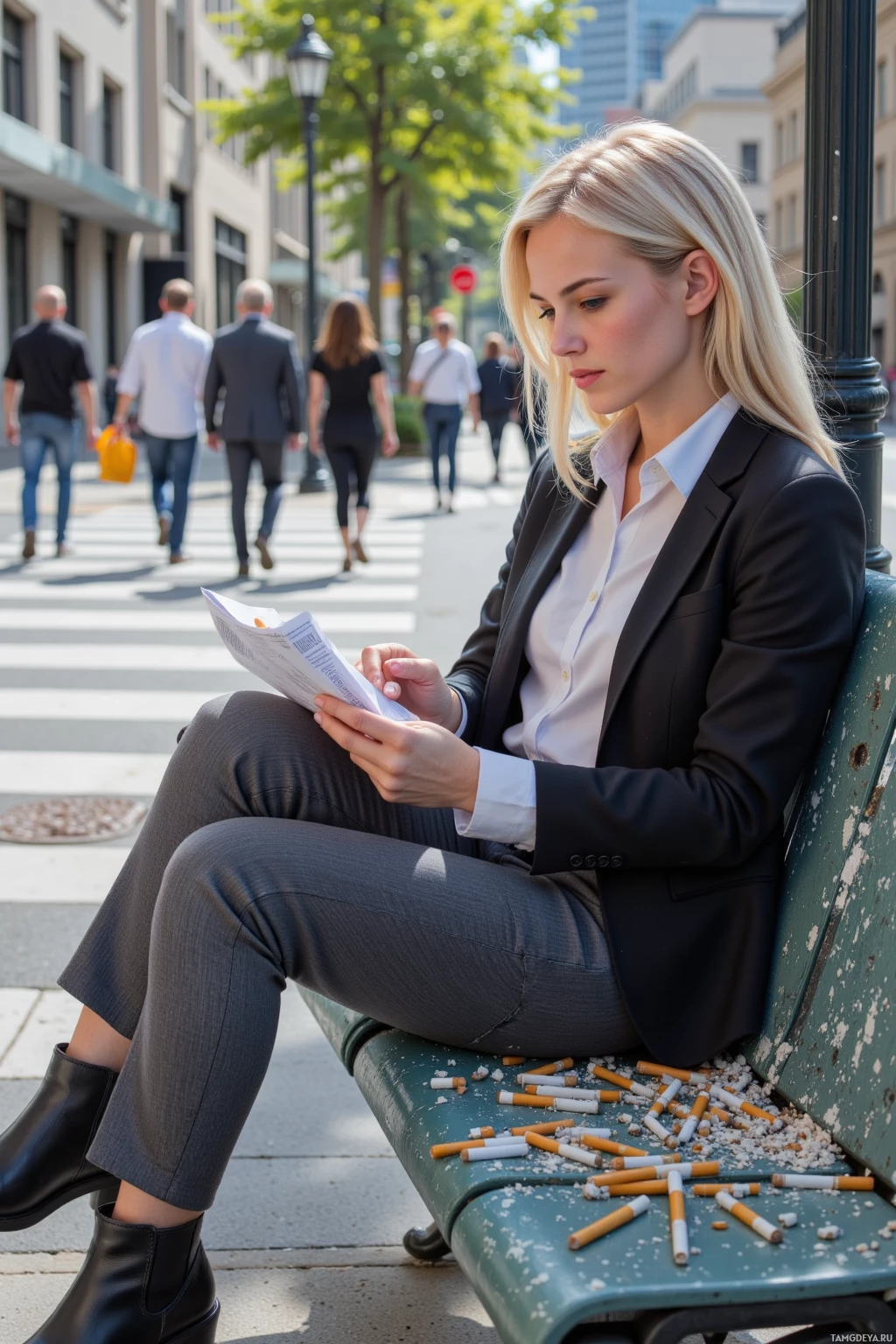 A woman in a business suit sits on a bench reading a document while cigarette butts litter the bench.