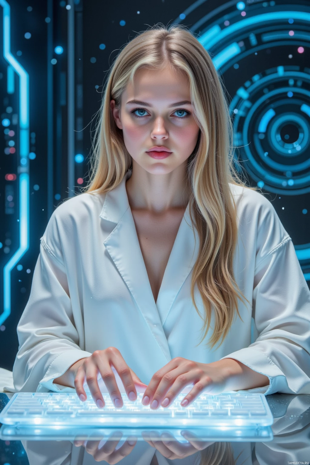 Realistic high quality photo. A 23‑year‑old woman with long blonde hair, blue eyes, wearing a flowing white robe illuminated by soft ethereal light, sits in a futuristic quantum lab surrounded by a glitching lattice of glowing code streams, her fingers hovering over a translucent holographic keyboard as she fine‑tunes algorithms with a calm yet impatient expression.