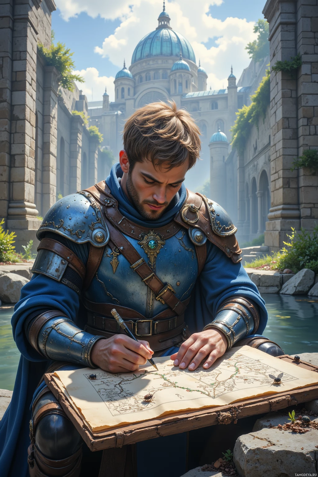 A knight in blue armor sits by a pond, sketching a map.