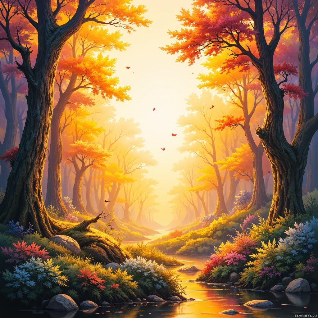 A serene forest scene with vibrant autumn foliage and a tranquil river.