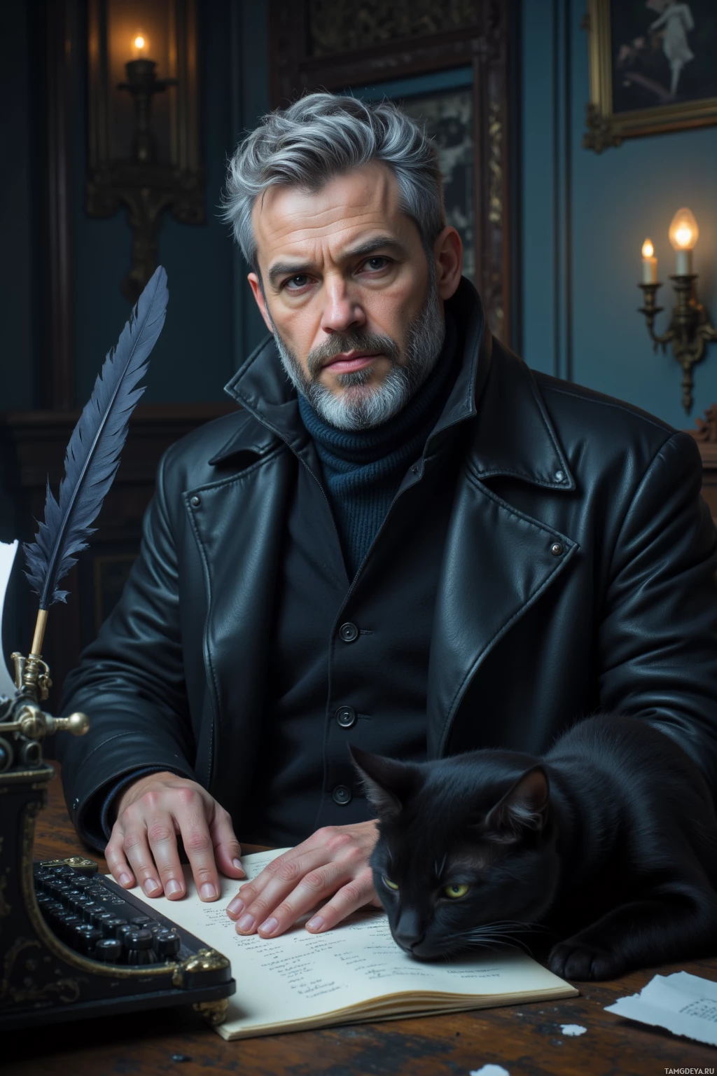 A man with gray hair and a beard sits at a desk with a black cat, a typewriter, and a feather quill.
