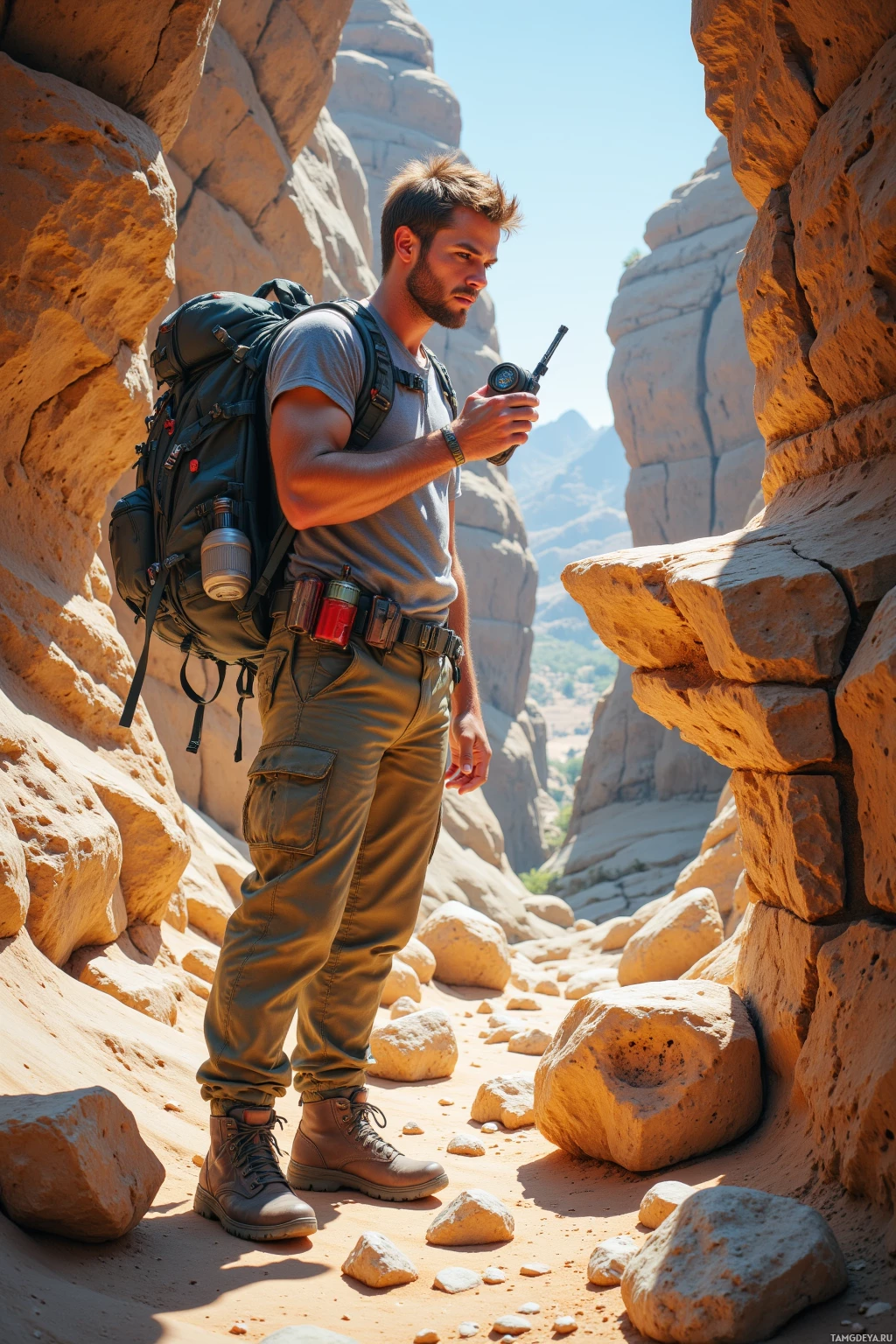 Realistic high quality photo. A rugged 34‑year‑old male geologist with short tousled light brown hair, piercing blue eyes, wearing cargo pants, hiking boots, and a sturdy backpack, stands in a sunlit canyon with triangular rock layers resembling pizza slices, examining a limestone slab bearing a fossilized mountain goat footprint while cataloguing oddly shaped rocks and holding a compass.