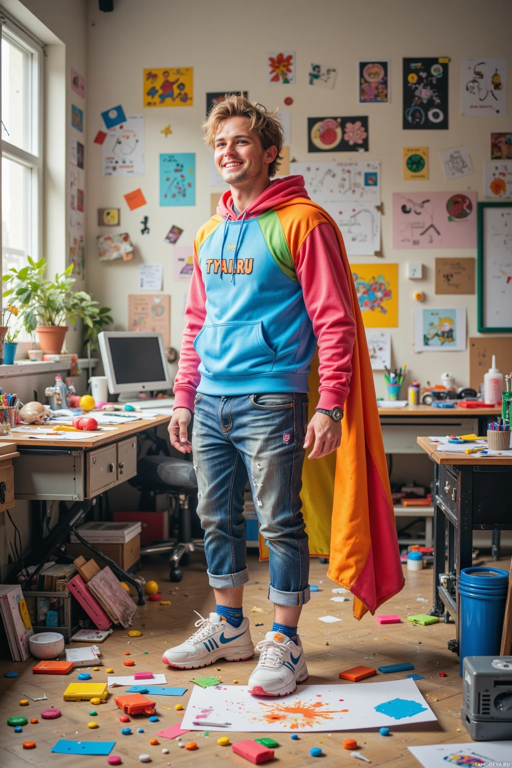 Realistic high quality photo. A 23‑year‑old male toy designer with messy blonde hair, bright blue eyes, fair skin, wearing a colorful hoodie, jeans, and sneakers, standing amid a cluttered desk full of dancing colored plastic bits, a rubber‑band superhero cape, a squeaky robot, glue spills, and a stack of crumpled sketches, animatedly talking to the sketches in a bright creative playroom at midday.
