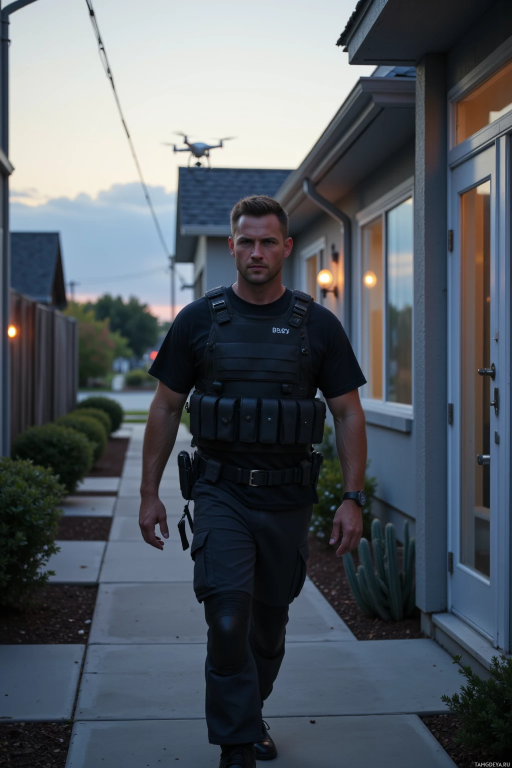 A person in tactical gear walks down a suburban sidewalk as a drone hovers in the background.
