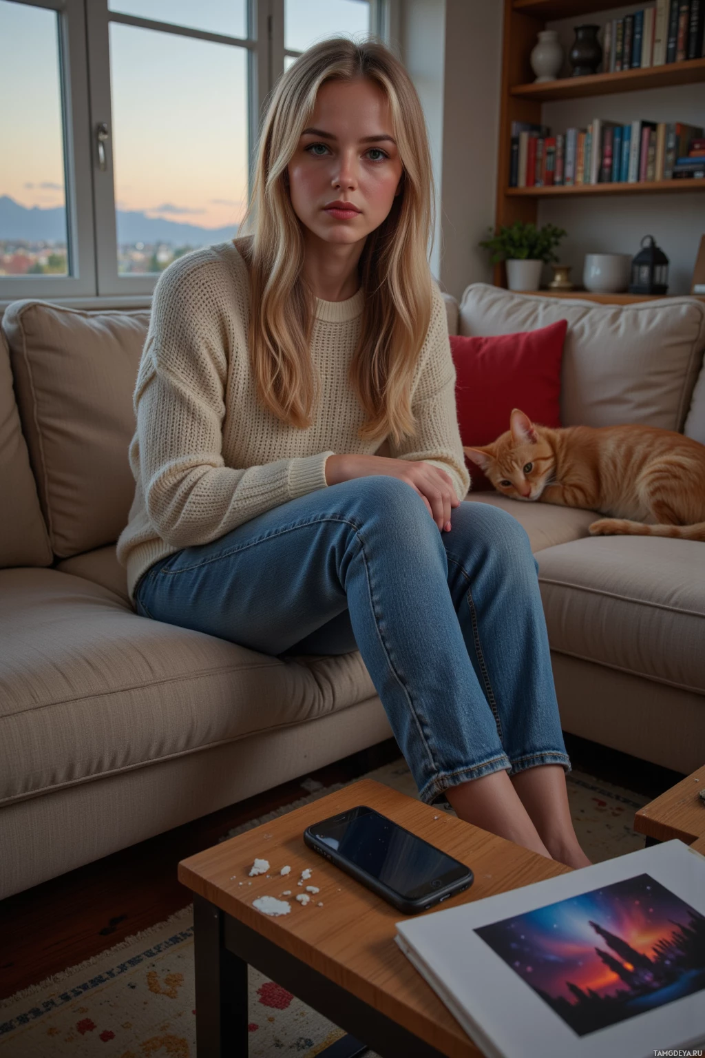 A woman sits on a couch with a cat beside her, looking at a phone on a coffee table.