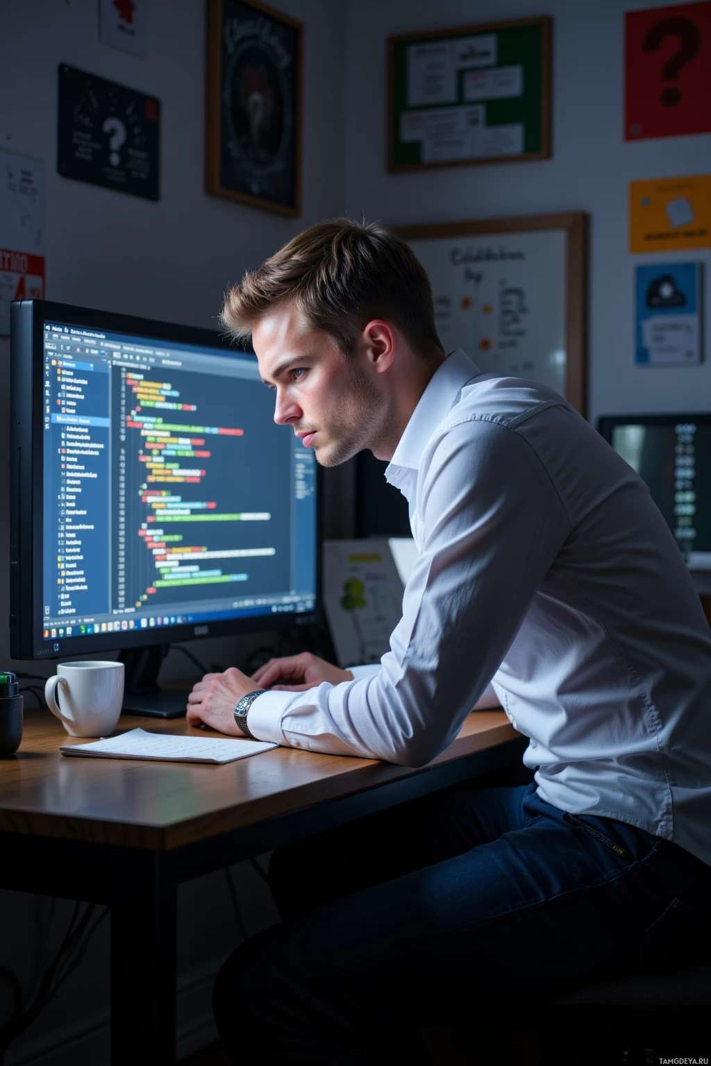 A person is working at a desk with a computer displaying code, surrounded by office decor.