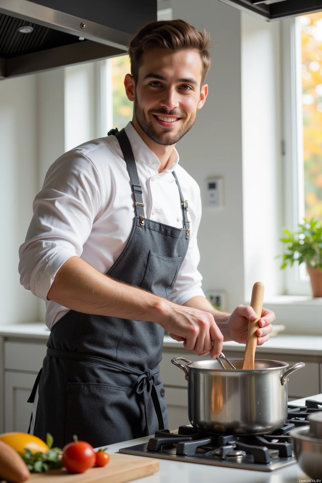 A man in a white shirt and apron is cooking in a kitchen.
