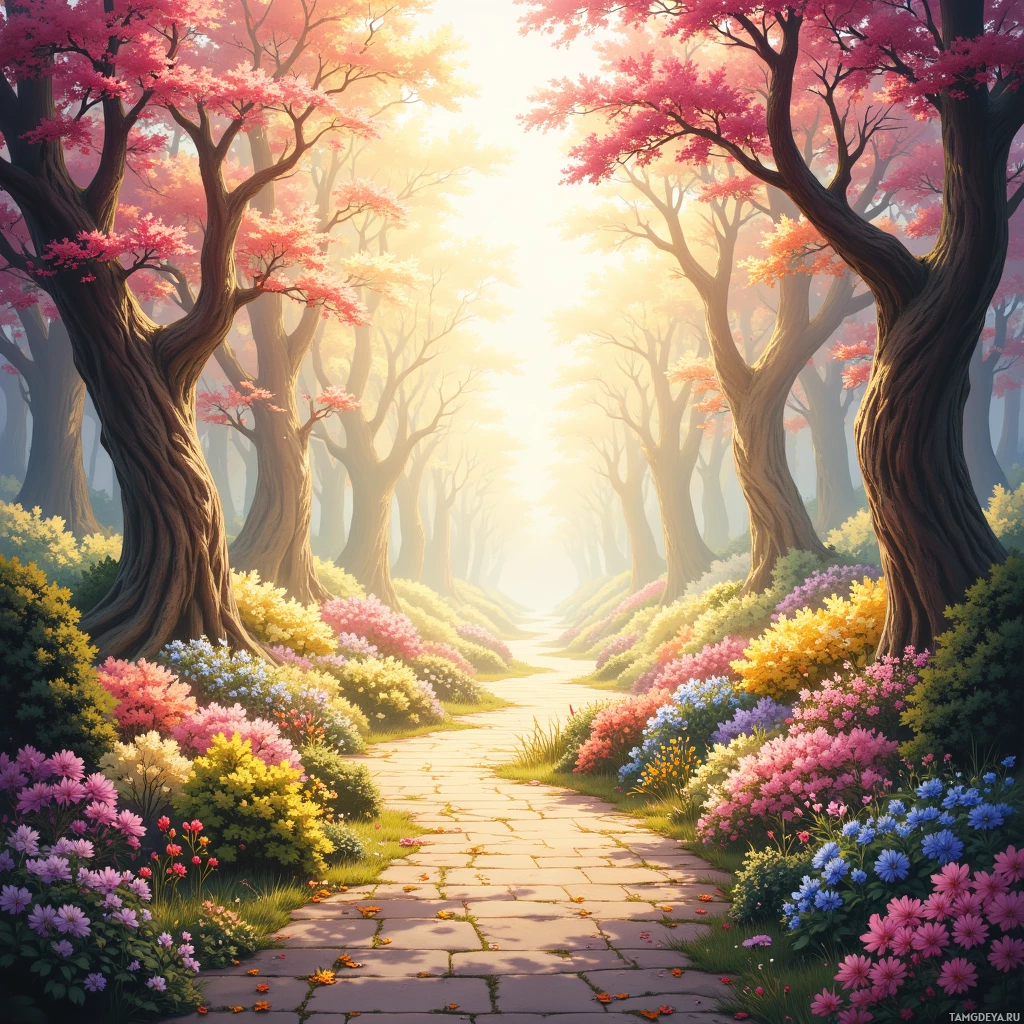 A serene forest path lined with vibrant flowers and tall trees bathed in soft sunlight.