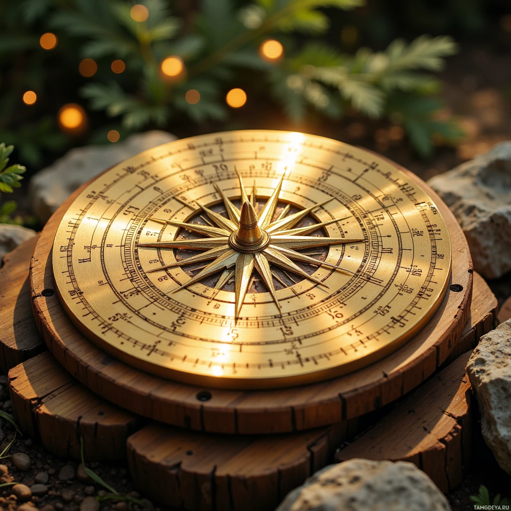 A golden compass with intricate markings rests on a wooden base surrounded by greenery and rocks.