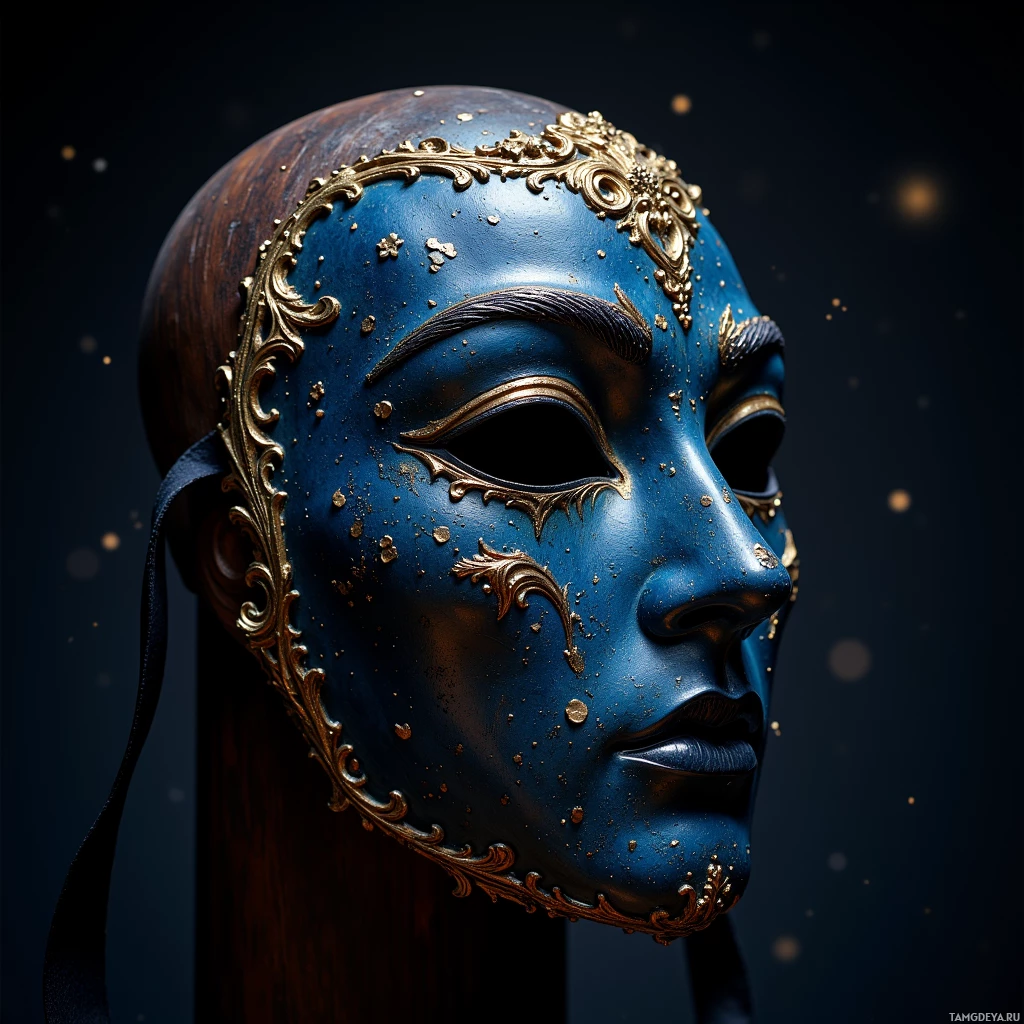 A blue and gold ornate mask with intricate designs and a dark background.