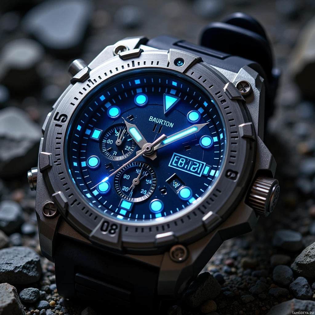 A close-up of a rugged, illuminated watch with a blue face and multiple dials, resting on a rocky surface.