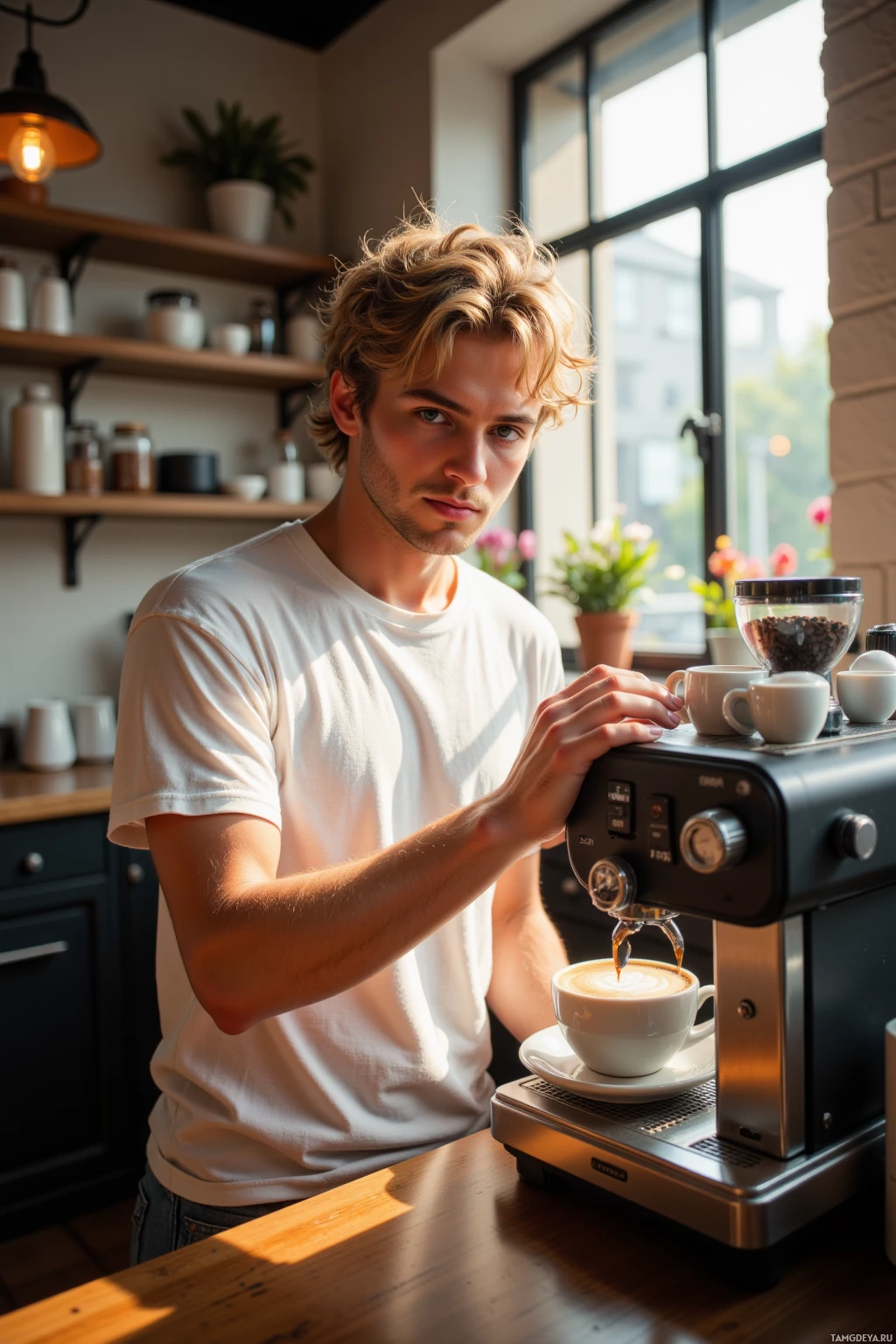 A person pours coffee into a cup using a coffee machine in a cozy kitchen setting.