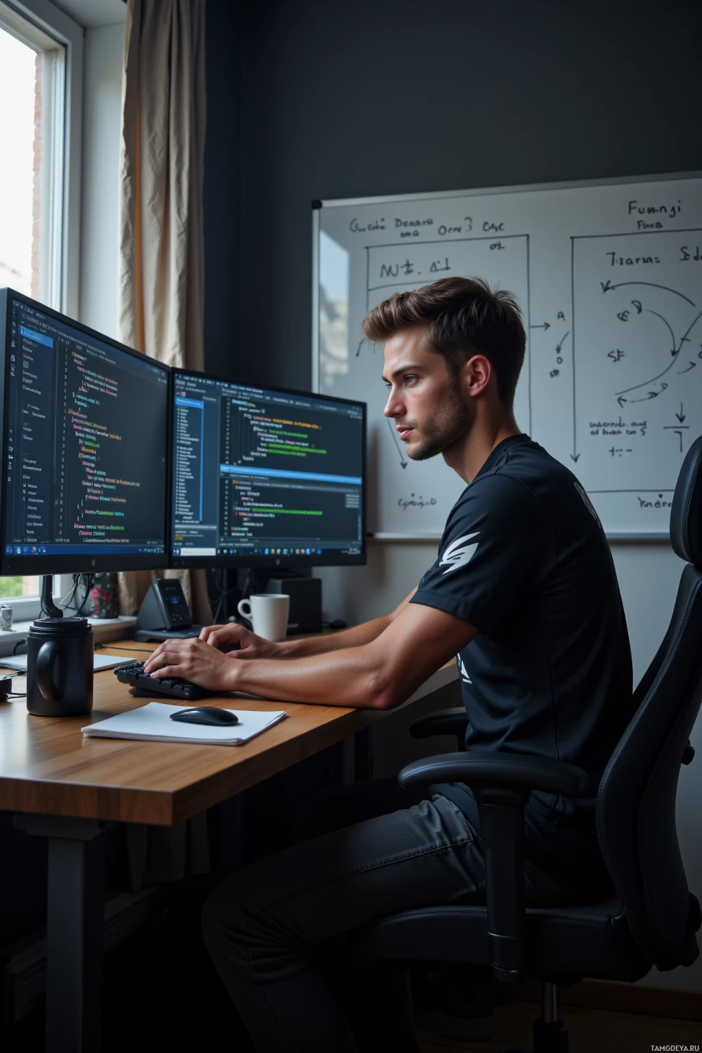 A person is seated at a desk working on a computer with two monitors displaying code.