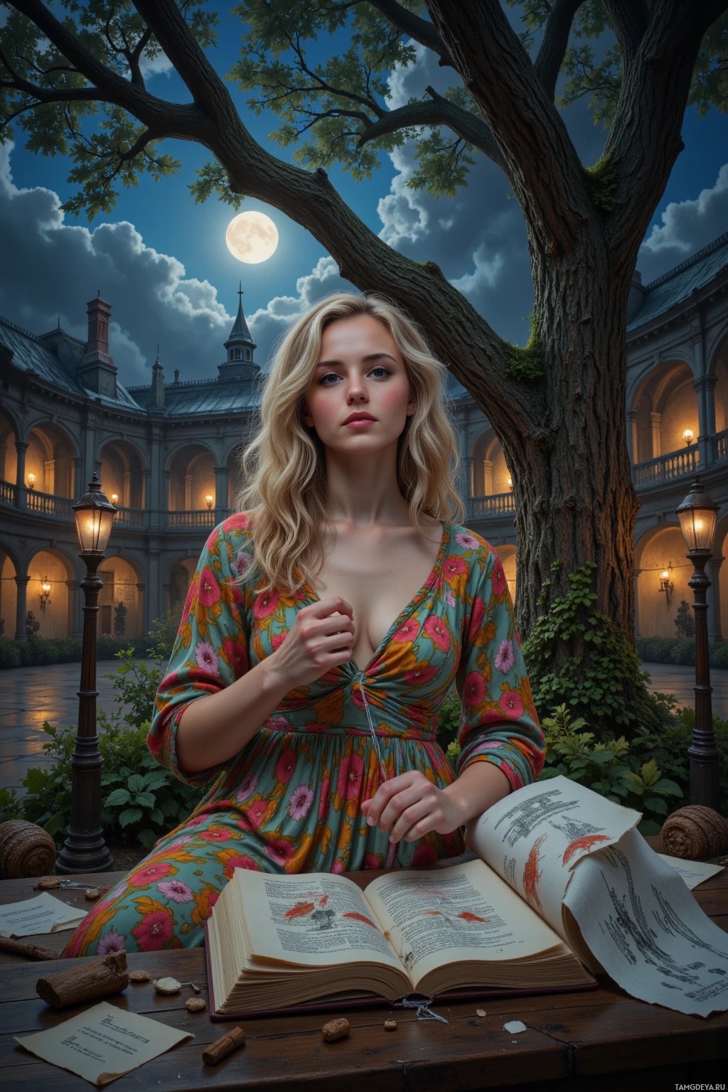 A woman in a floral dress sits at a table with an open book, under a tree with a full moon in the sky.