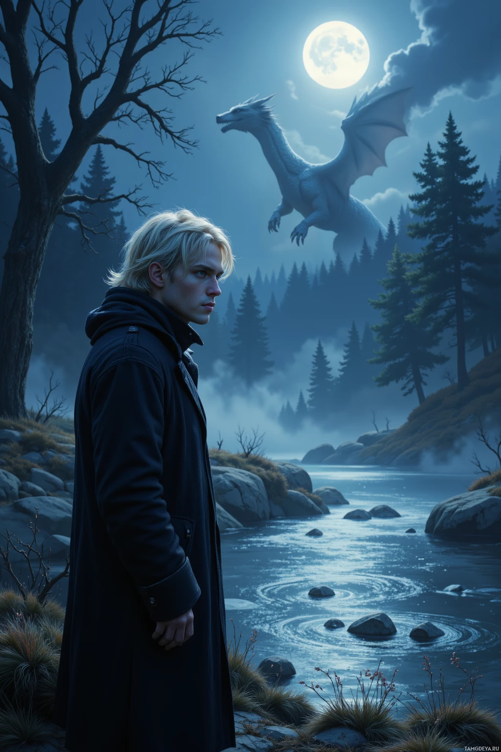 A man in a dark coat stands by a river under a full moon, with a dragon flying in the background.