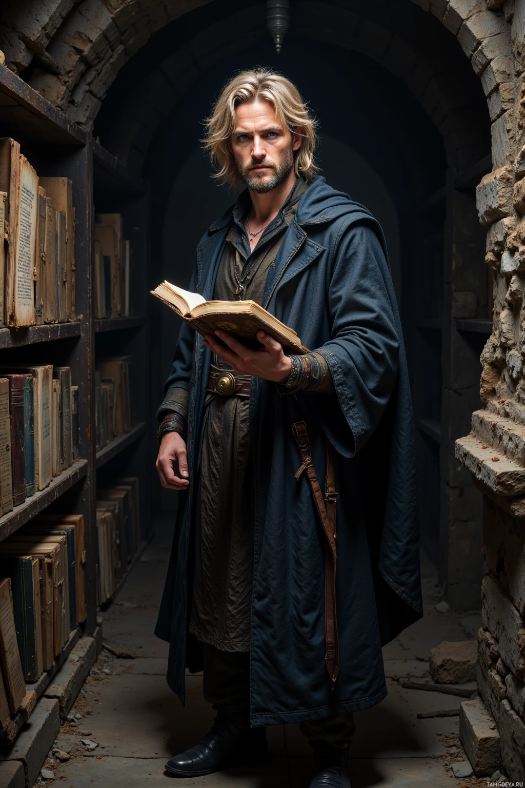 A man in a medieval-style robe stands in a dimly lit stone corridor, holding an open book.