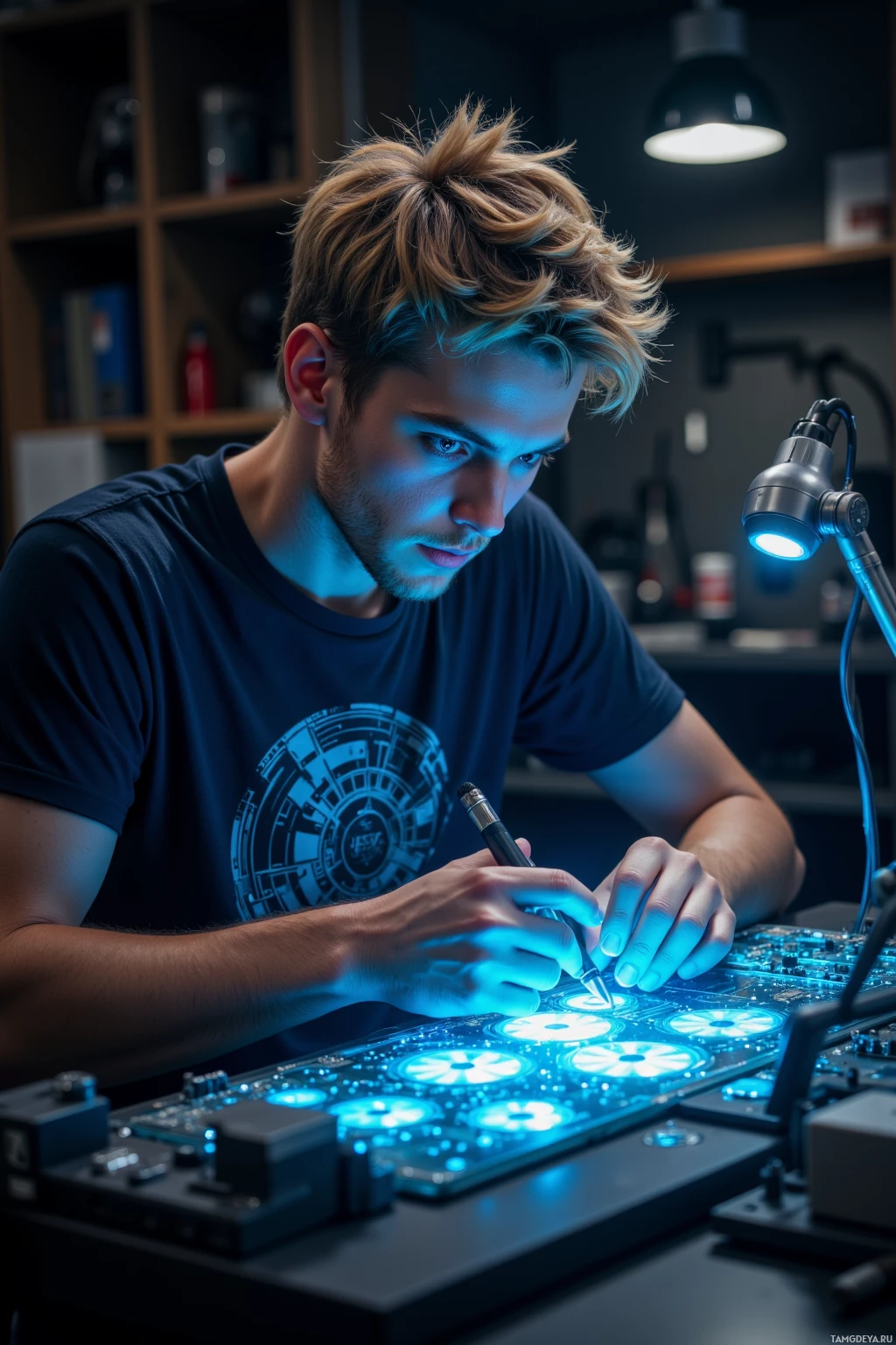 A person is working on a circuit board under a focused light.
