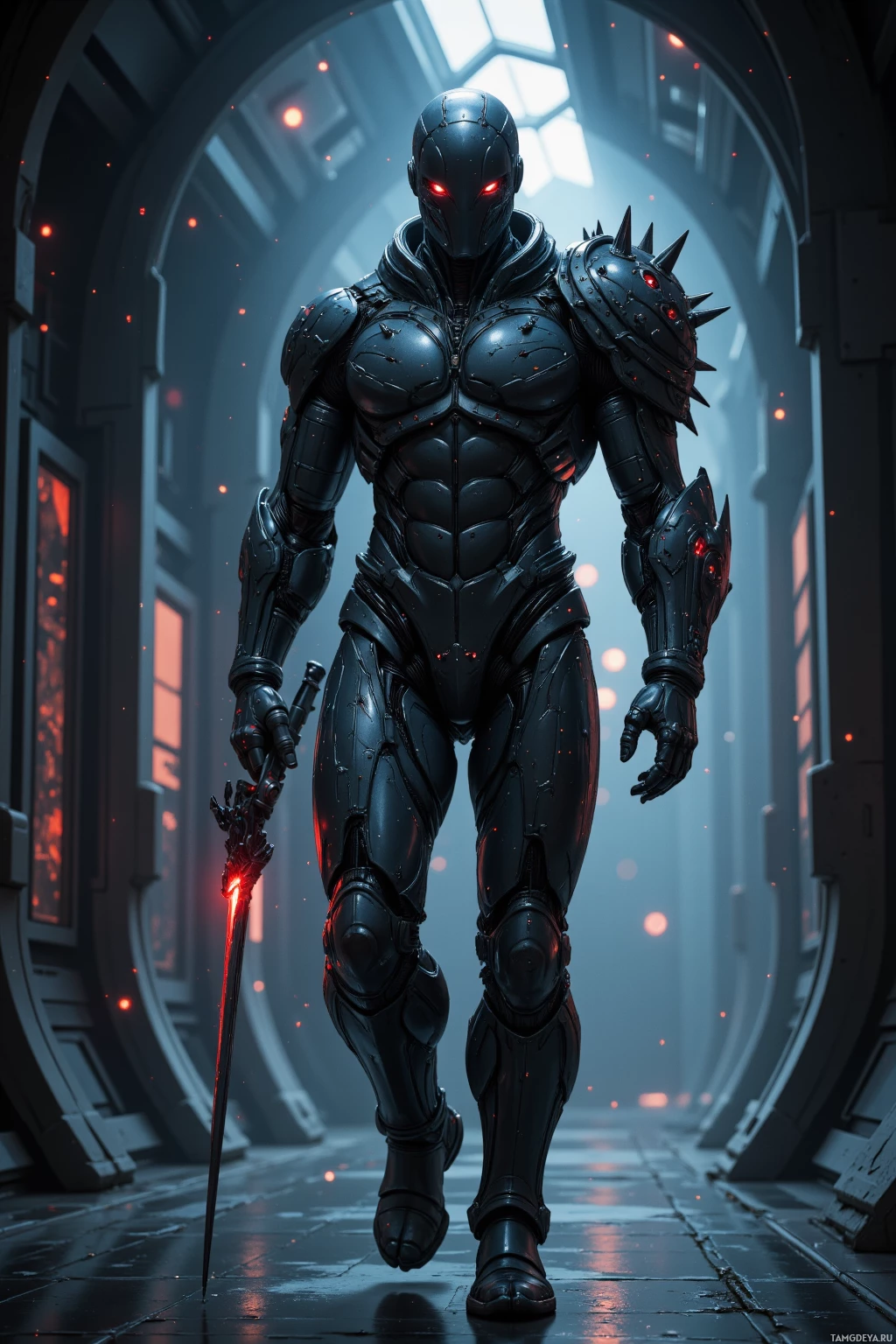 A futuristic armored figure with glowing red eyes and a sword stands in a dimly lit corridor.