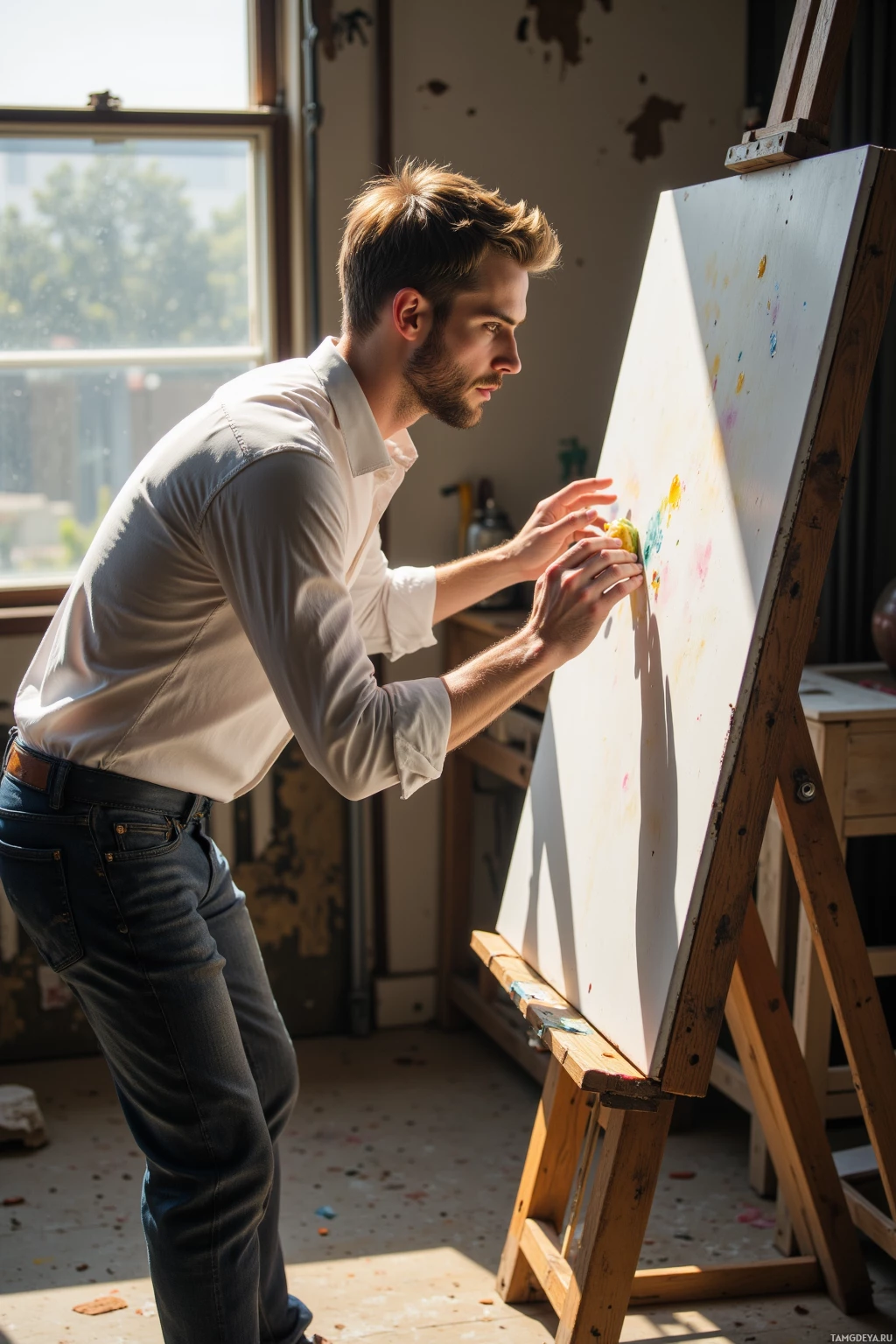 A man is painting on a canvas in a studio.
