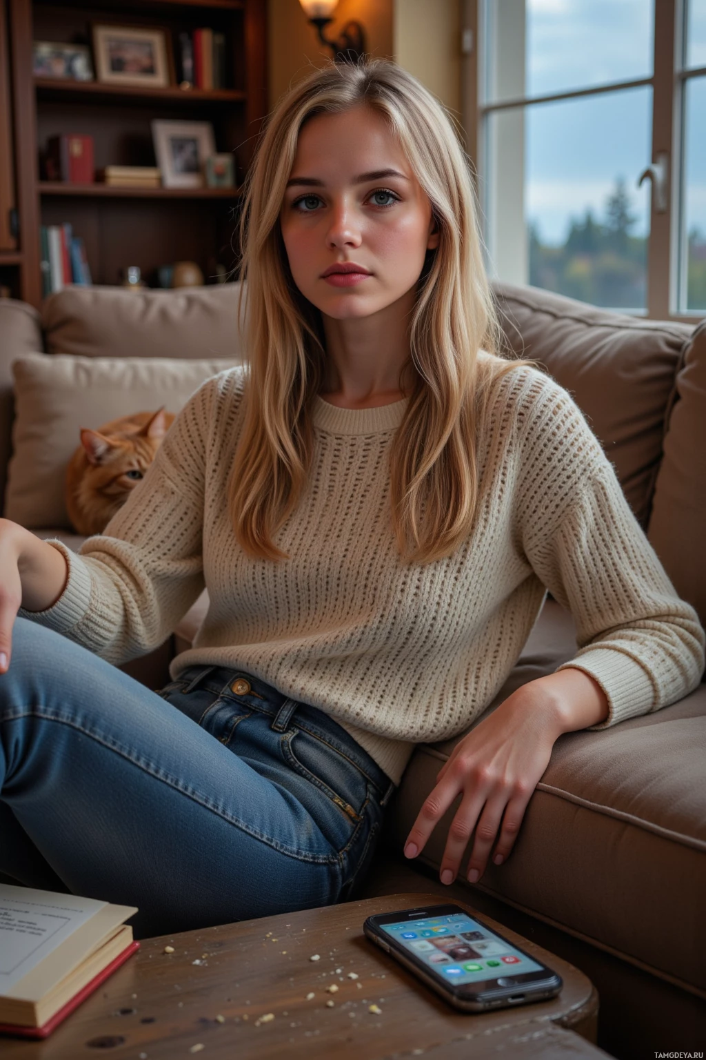 A woman sits on a couch in a cozy living room, wearing a beige sweater and jeans, with a cat resting behind her.