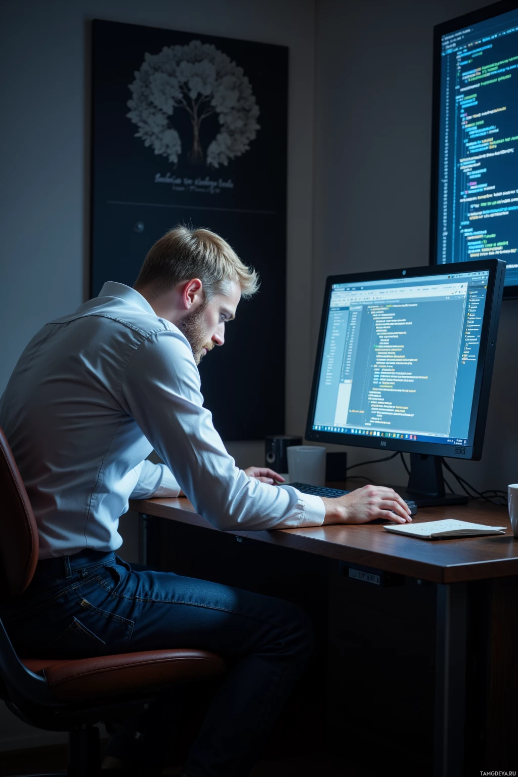 A person is working at a desk with a computer displaying code, wearing a white shirt and jeans.