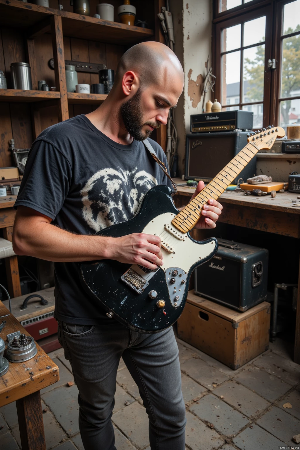A man is playing a guitar in a workshop setting.