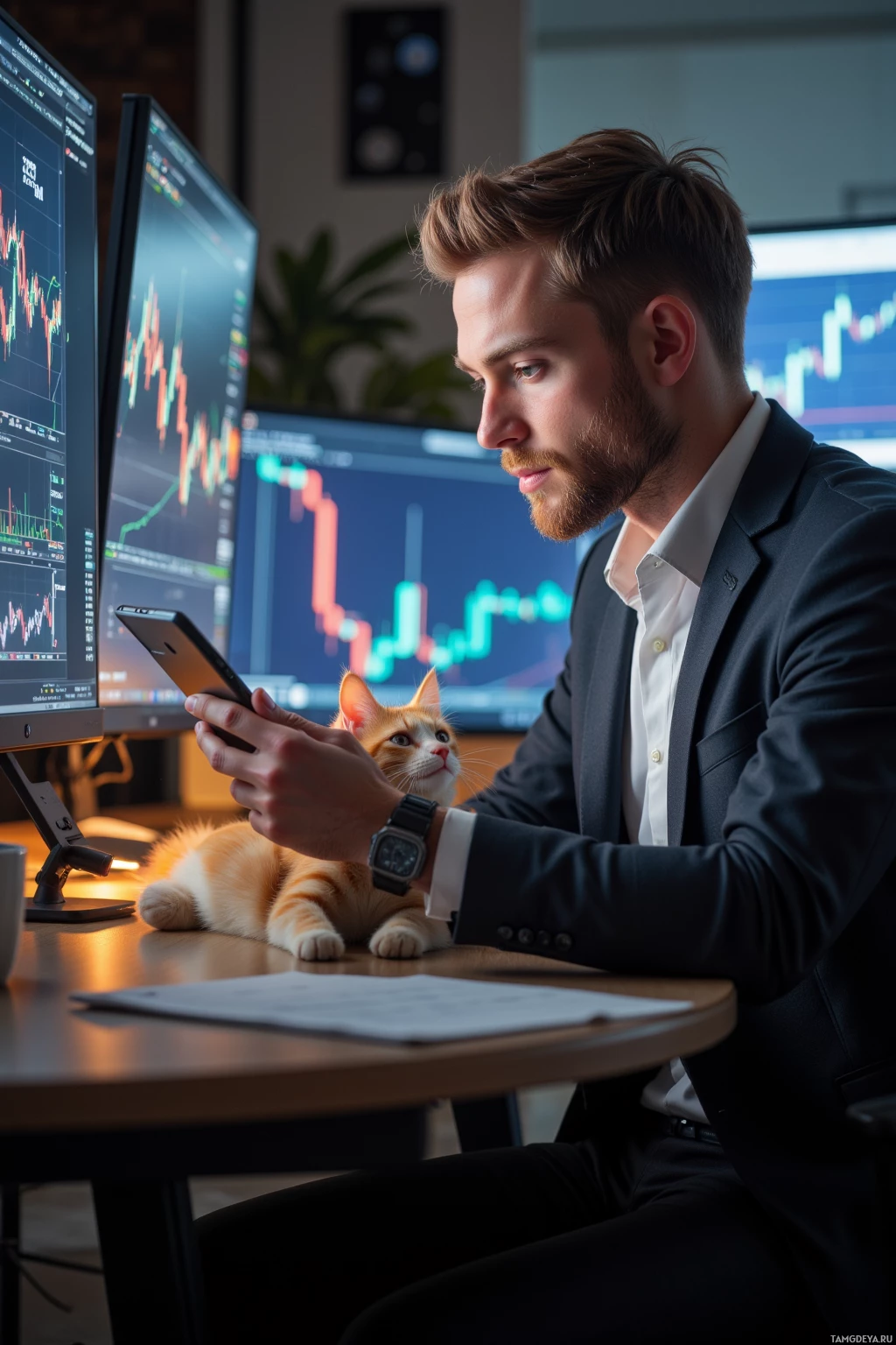 A man in a suit is working at a desk with multiple monitors displaying financial charts, while a cat rests on the desk beside him.