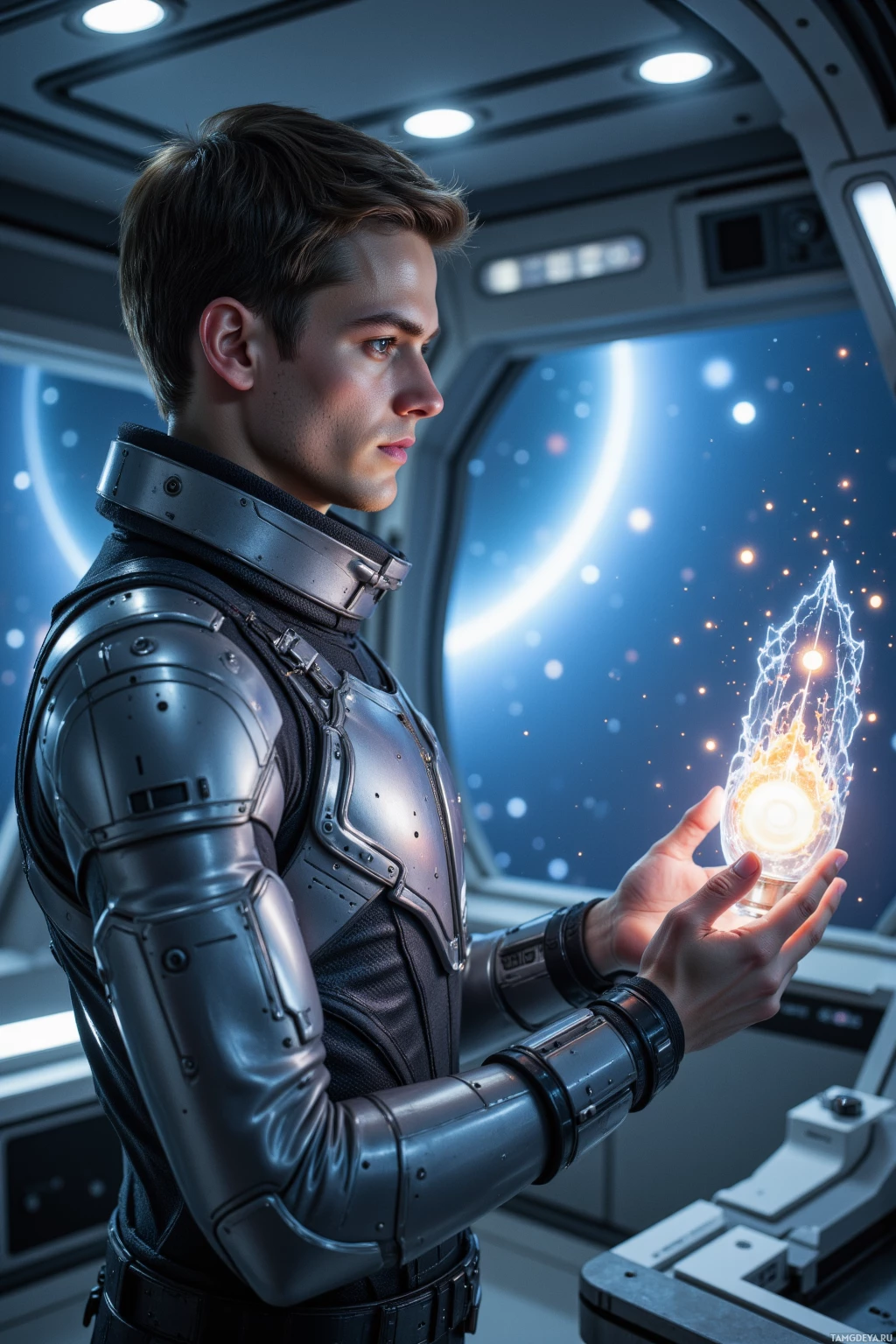 A person in futuristic armor holds a glowing, energy-like object in a sci-fi setting.