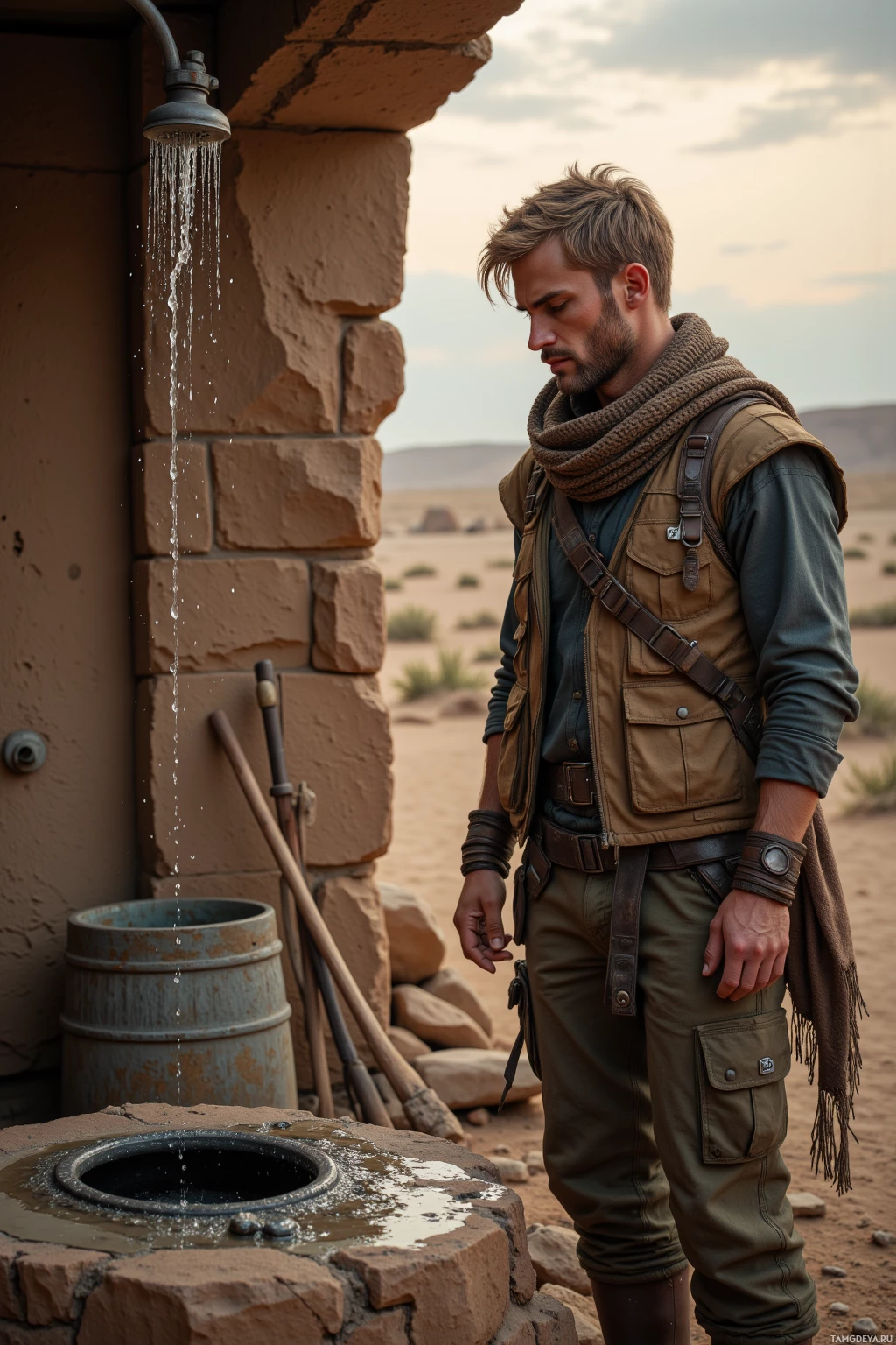 A man stands in a desert setting, wearing a scarf and utility vest, near a water spout and a stone well.
