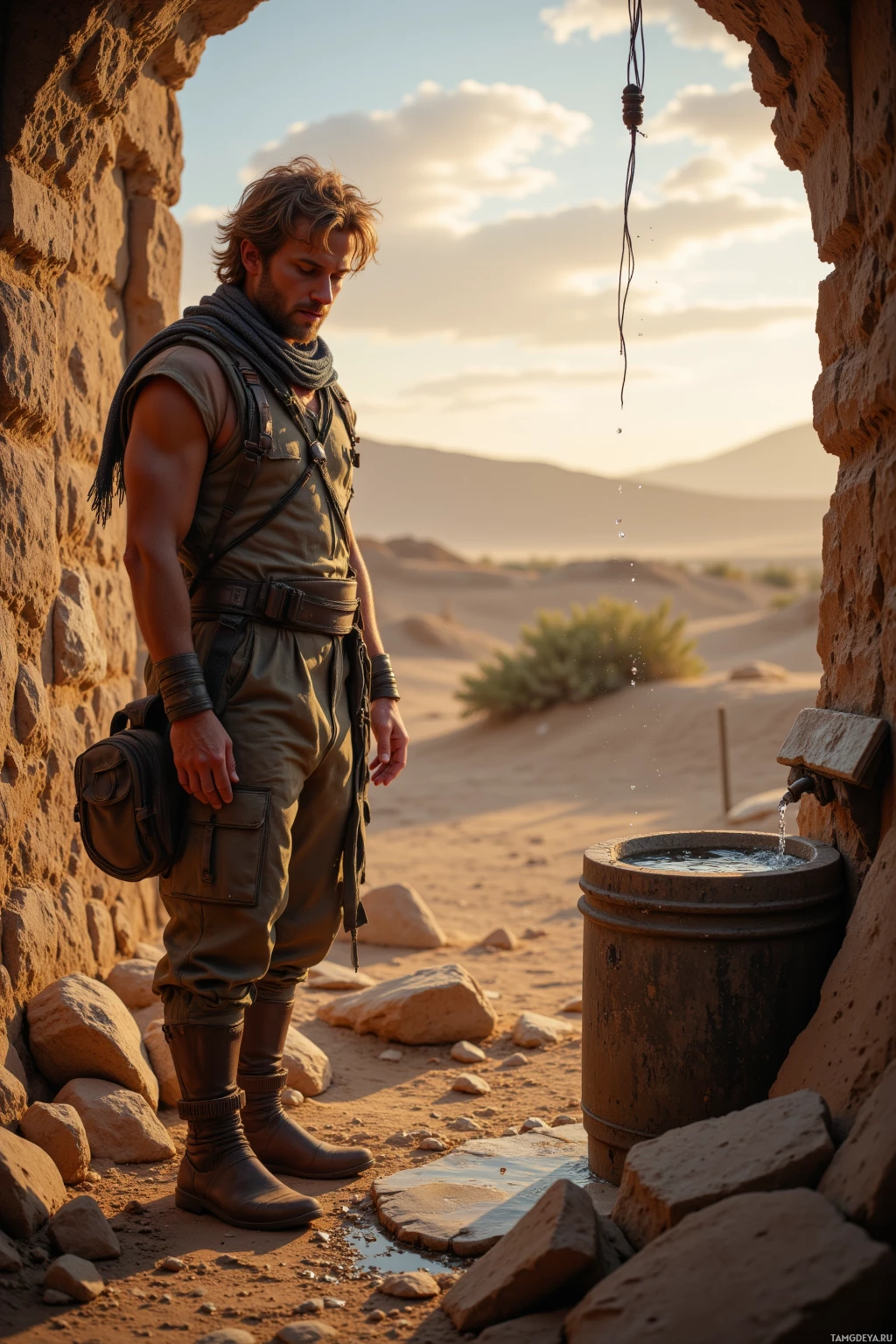 A man in desert attire stands beside a water trough in a rugged, arid landscape.