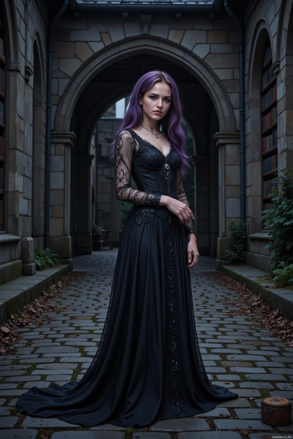 A woman in a black, elegant gown stands in a stone archway.