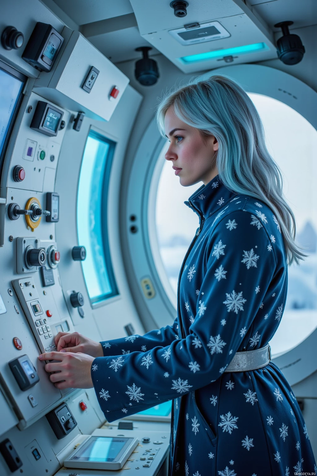 A person in a blue snowflake-patterned outfit operates a control panel inside a spacecraft.