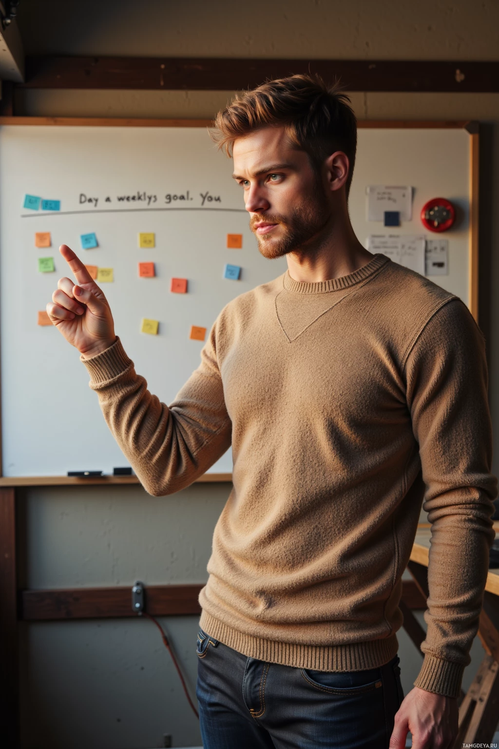 A man in a beige sweater stands in front of a whiteboard with colorful sticky notes.