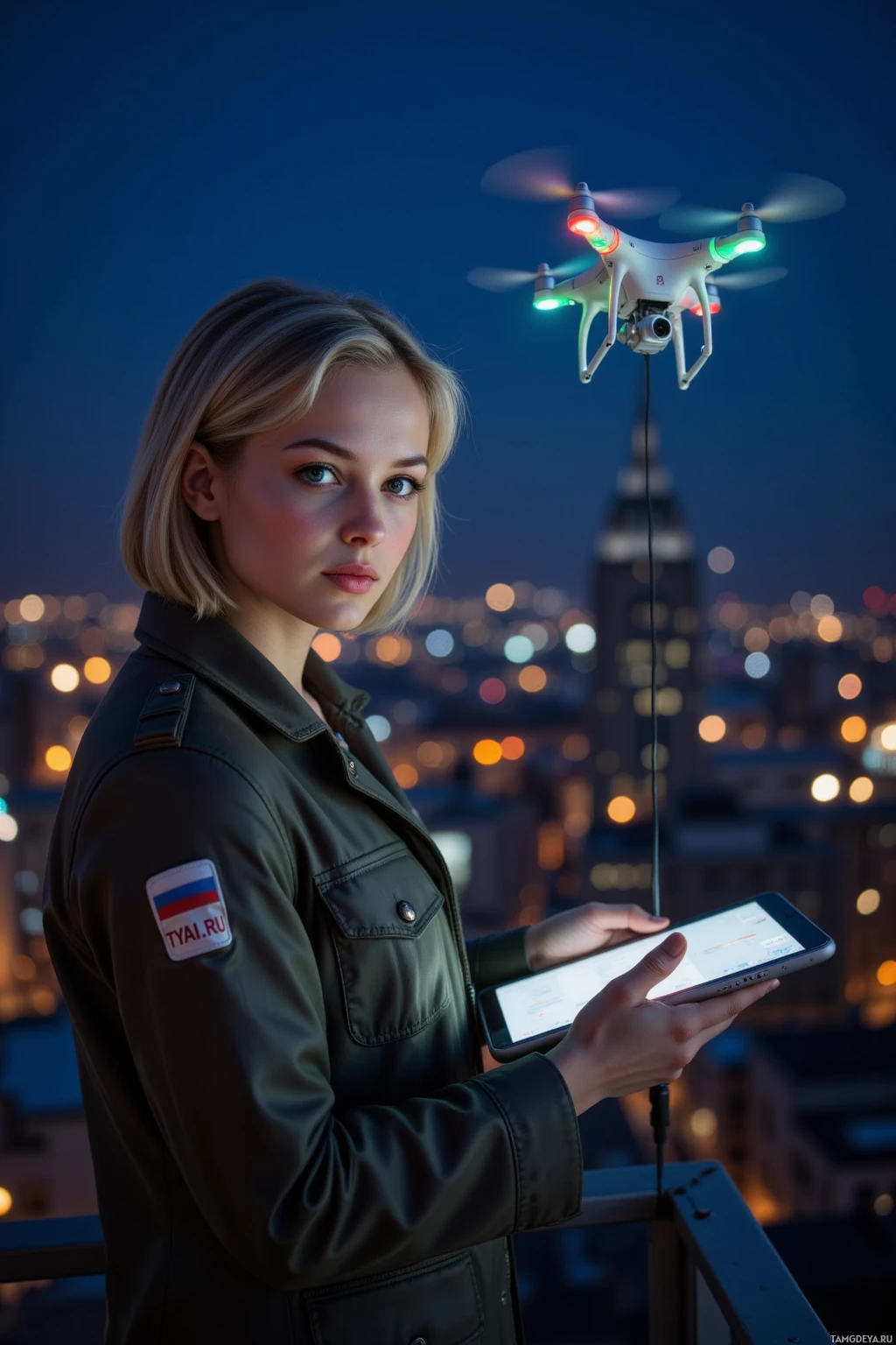 A person in a military-style jacket operates a drone with a smartphone, set against a cityscape at night.