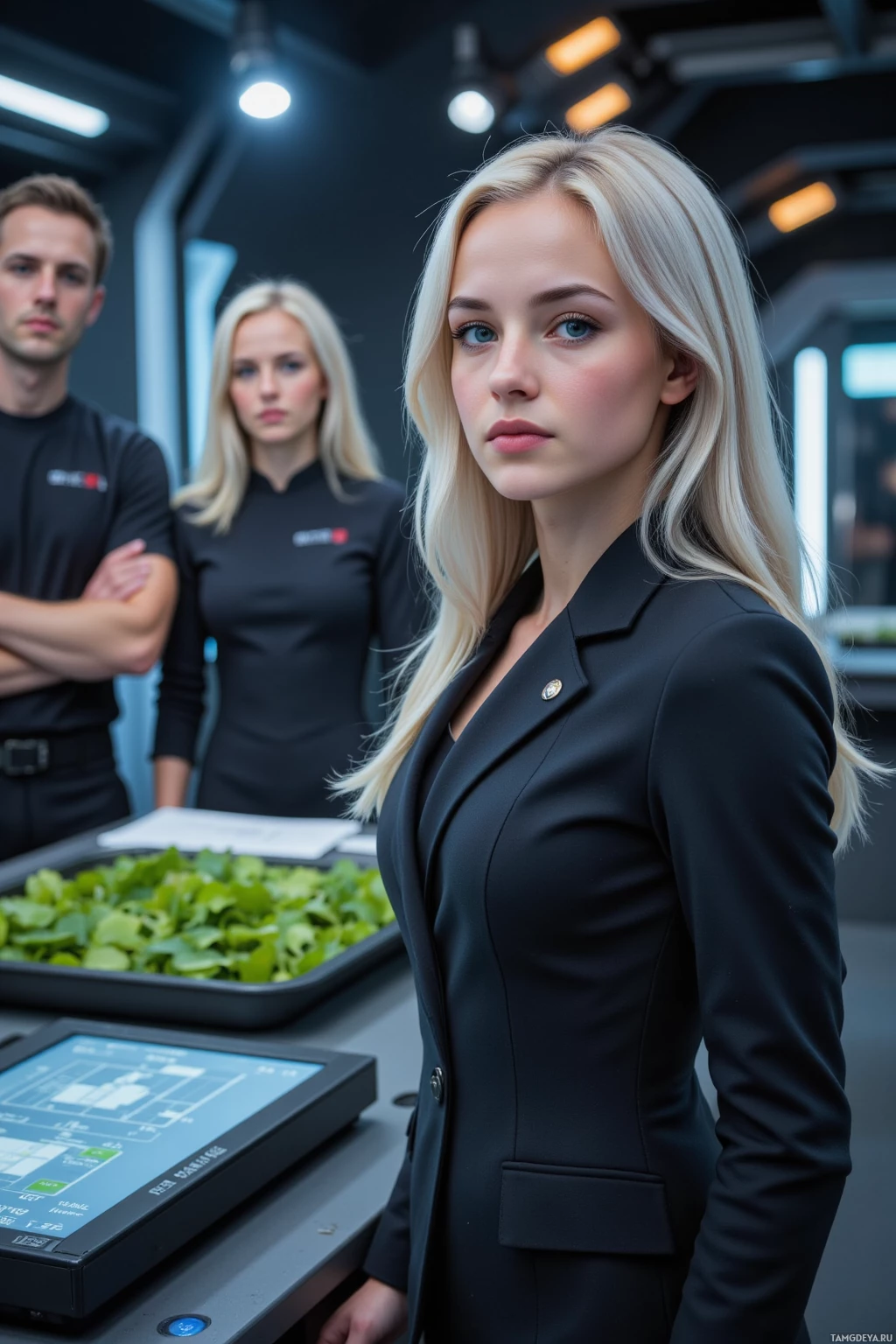 A woman in a black suit stands in a modern, tech-oriented environment with two others in the background.