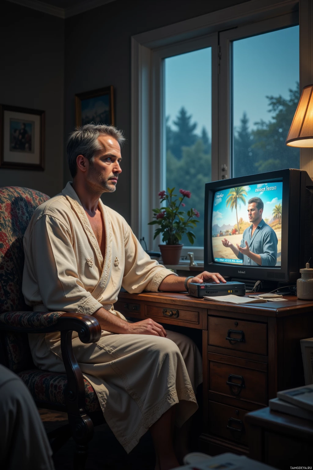 A man in a robe sits at a desk, watching a television.