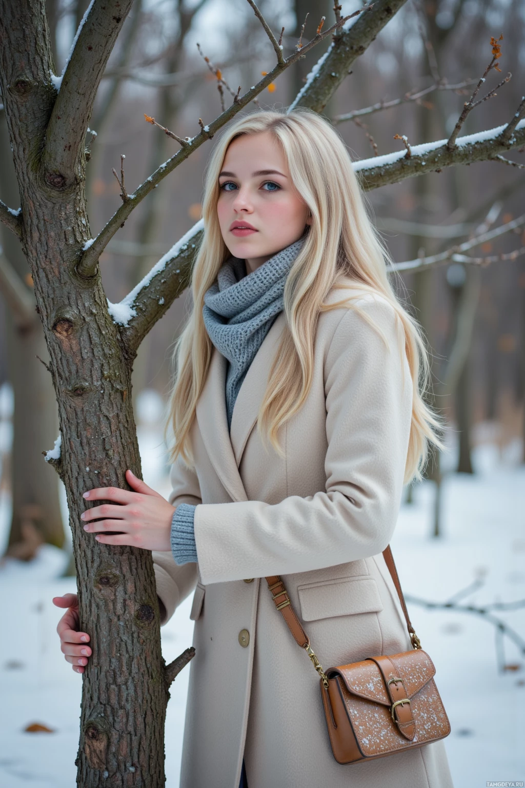 A woman in a beige coat and scarf stands in a snowy forest, leaning against a tree.