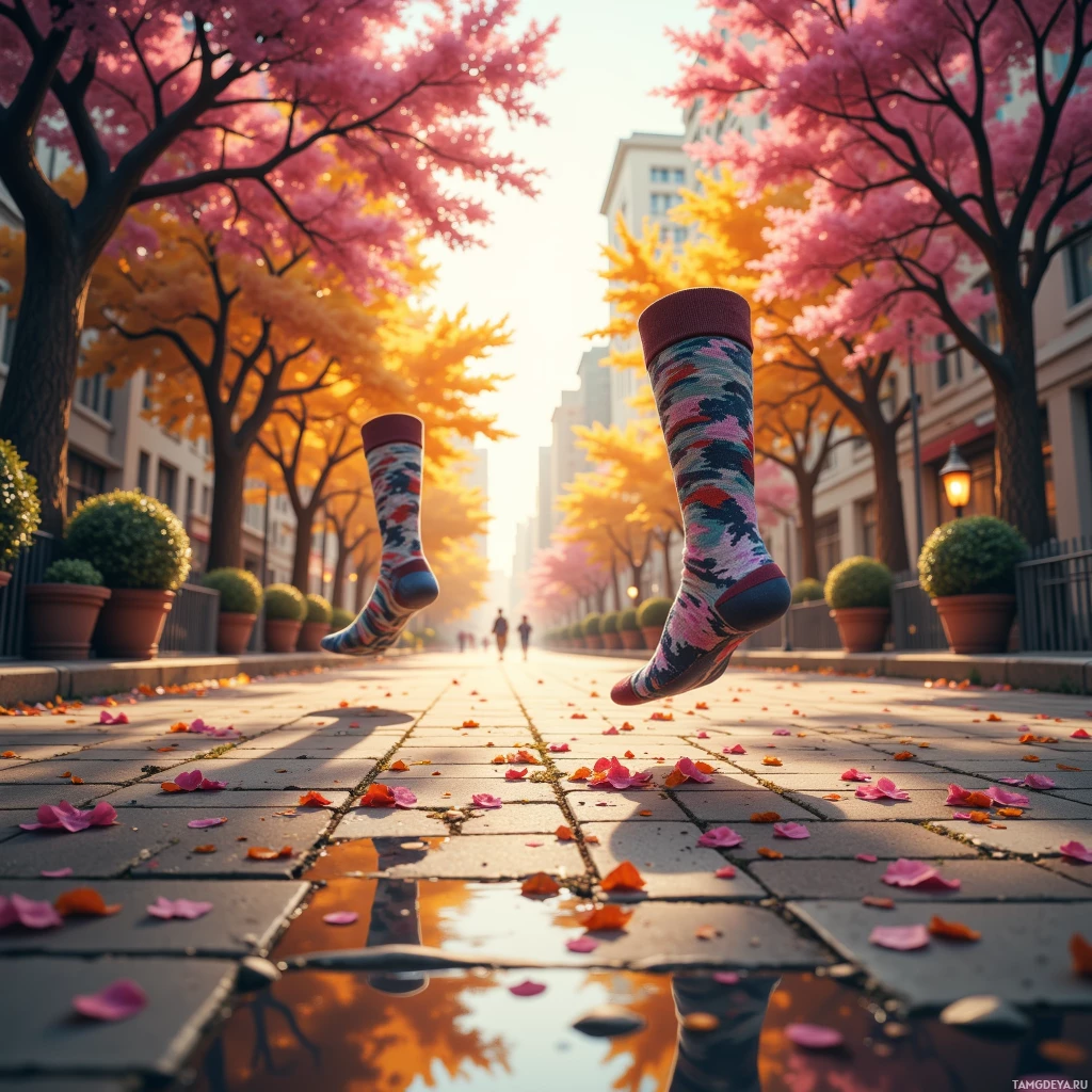 A surreal scene with floating socks in a city street lined with cherry blossom trees.
