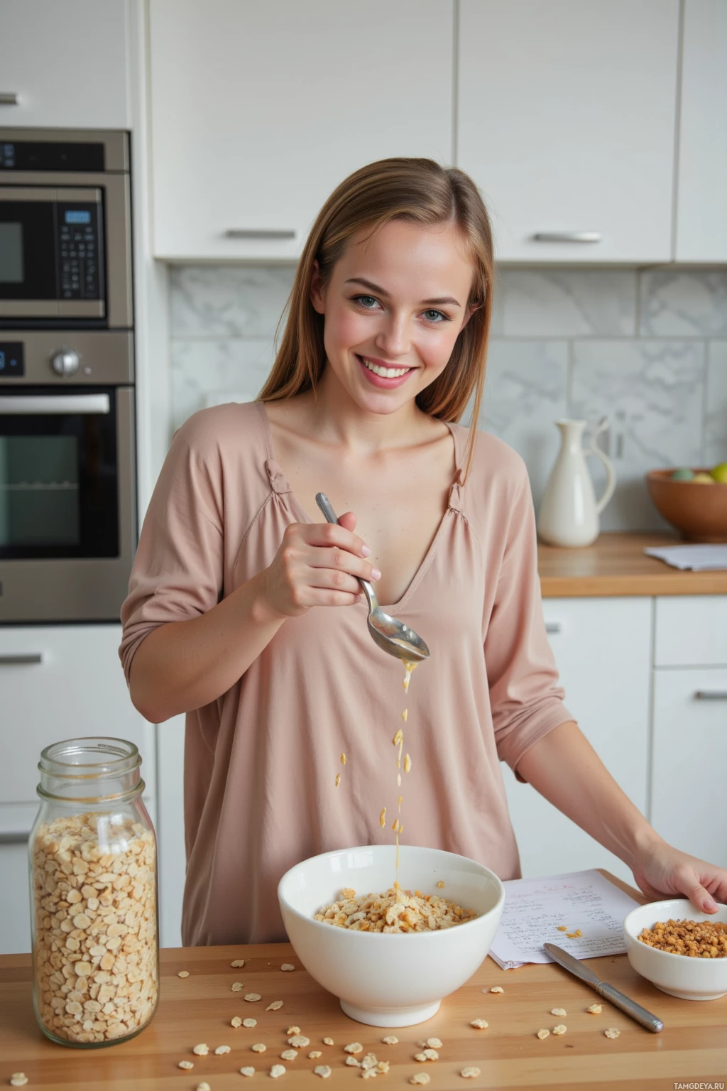 A woman pours cereal into a bowl in a kitchen.