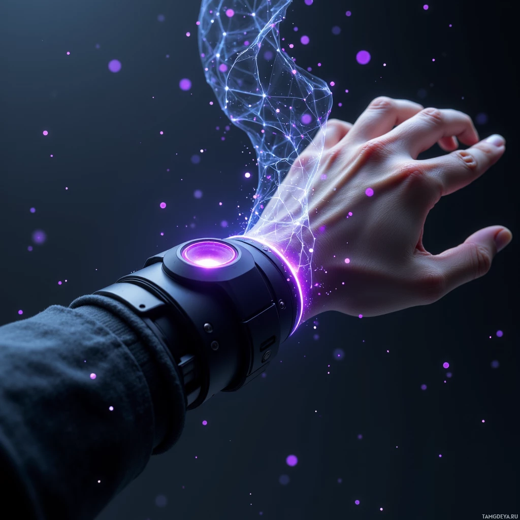 A hand extends outward with a glowing, networked energy emanating from a wrist device.