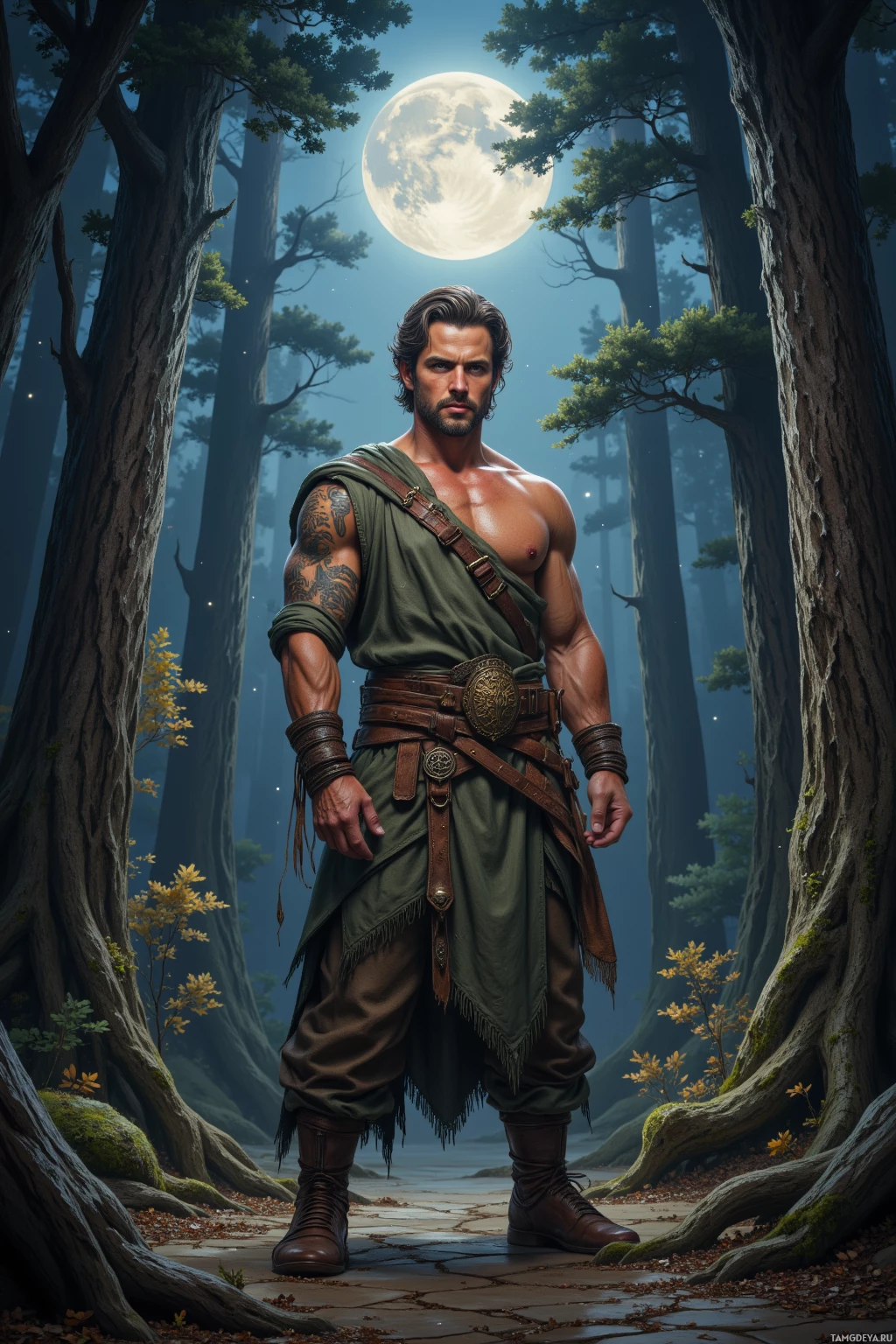 A muscular man stands in a forest under a full moon, wearing a green tunic and brown boots.