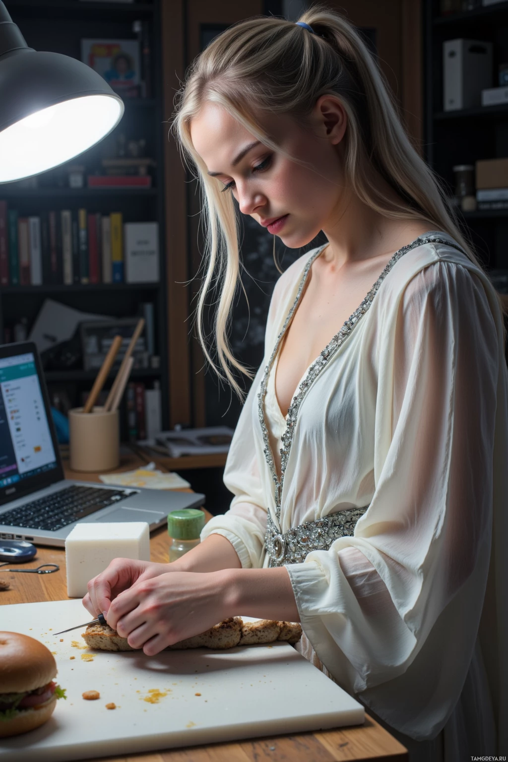 Realistic high quality photo. Woman, 22, long silver hair in a high ponytail, blue‑green eyes, wearing a flowing white fantasy‑style dress with silver embroidery, carving a foam gauntlet with a knife in a cluttered studio at night, surrounded by foam blocks, cutting tools, dust, a laptop open to DM messages, a discarded sandwich, under a desk lamp.