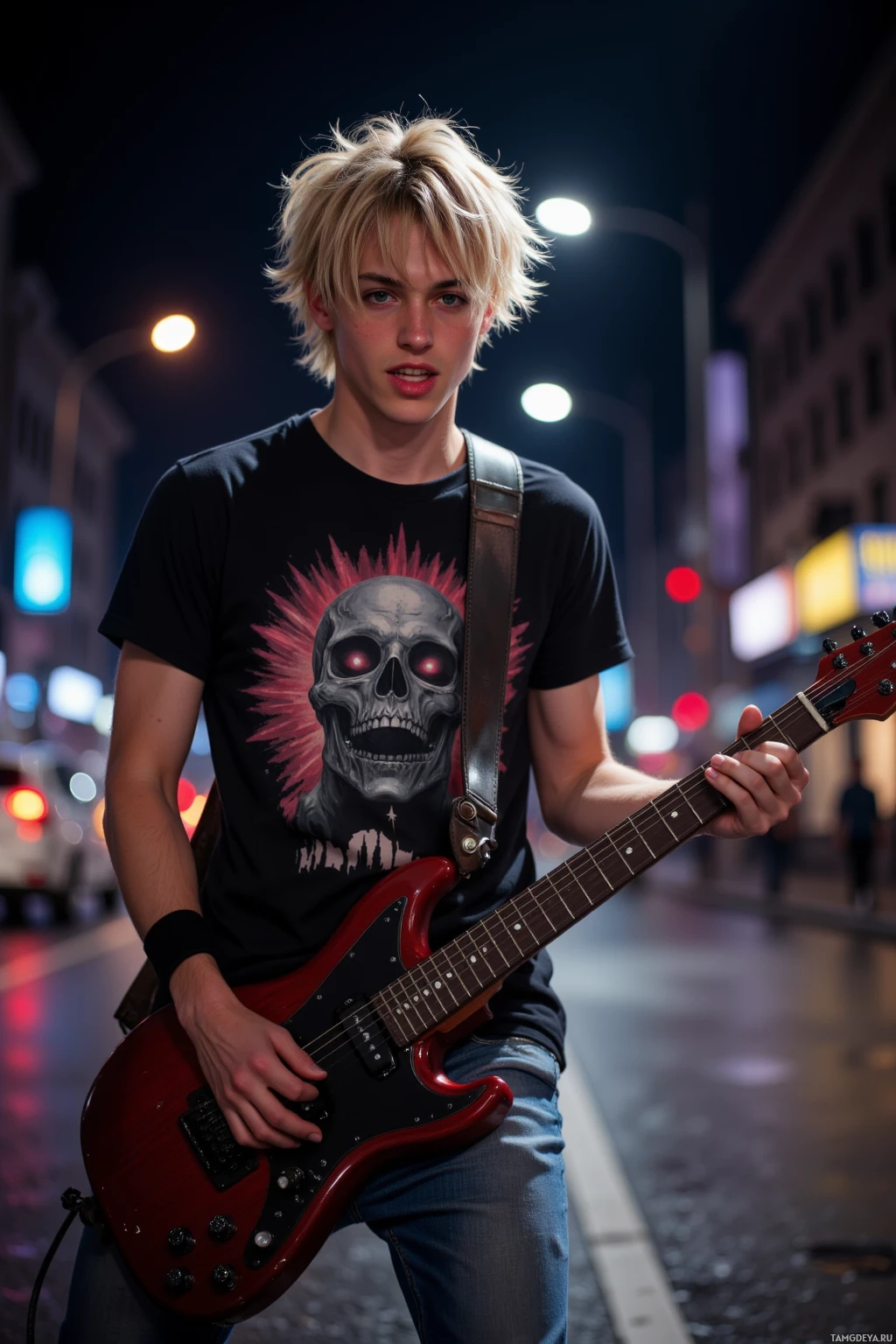 A young person with blonde hair plays a red electric guitar on a city street at night.
