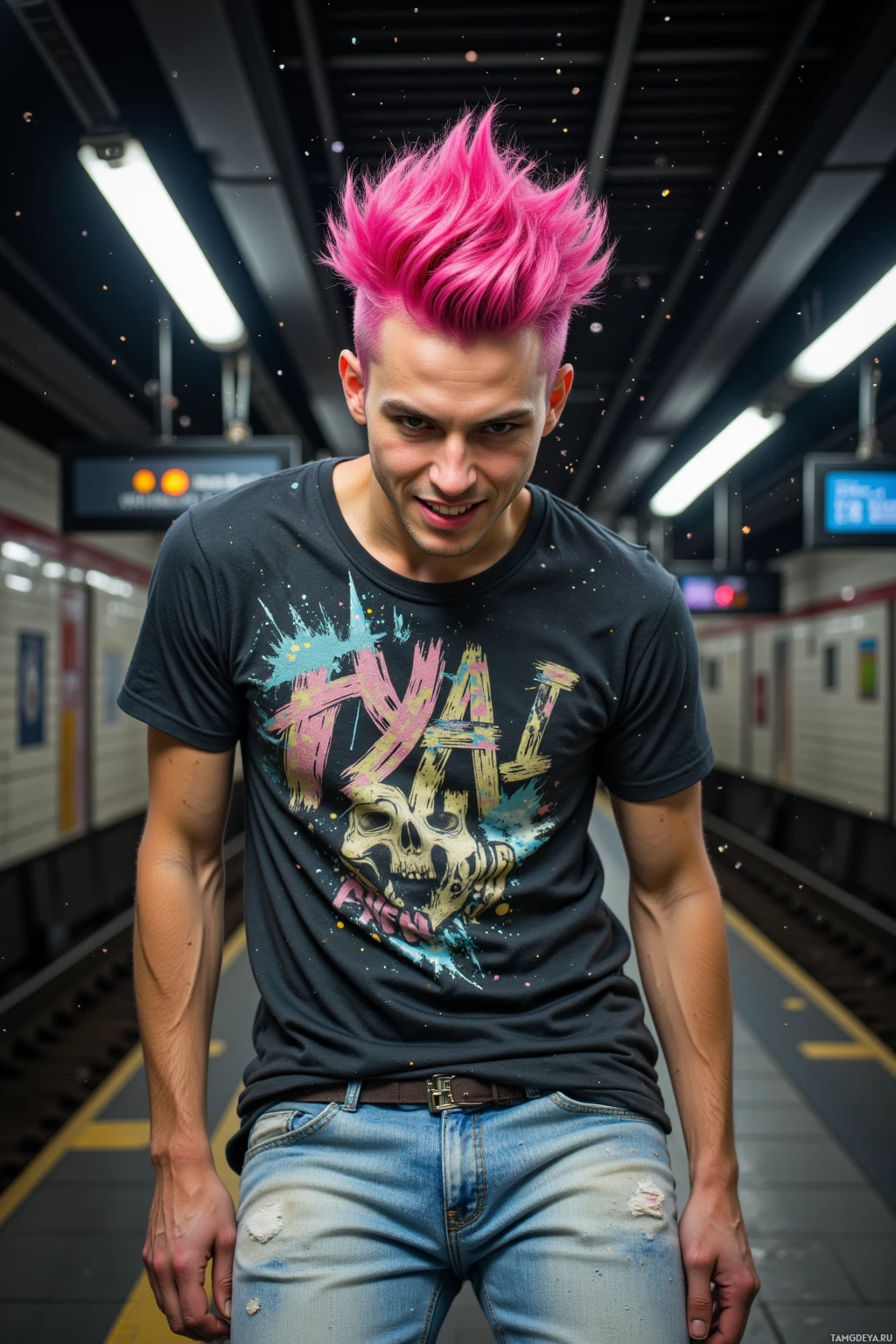A person with pink hair stands on a subway platform wearing a graphic t-shirt and jeans.