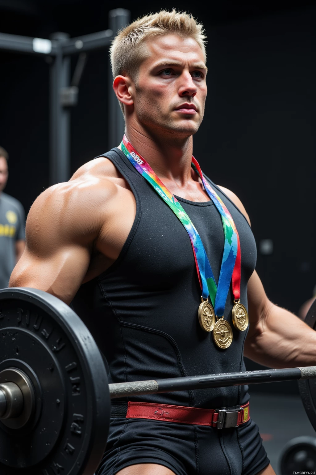 A muscular man wearing a black tank top and a medal around his neck is lifting a barbell in a gym setting.