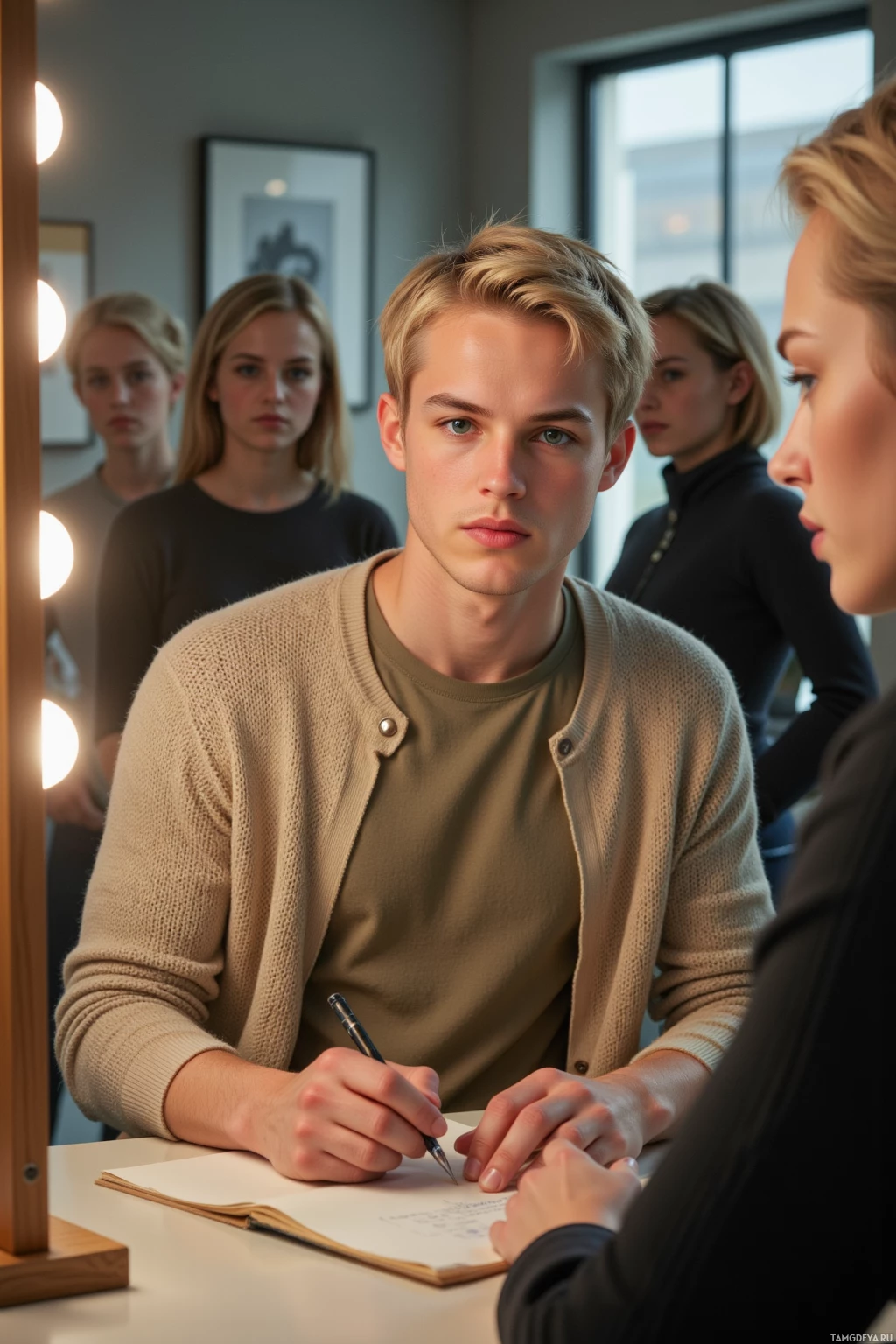 A group of people is gathered around a table, with one person writing in a notebook.