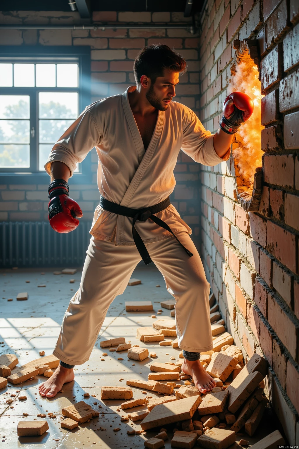A man in a karate uniform breaks a brick wall with a powerful punch.